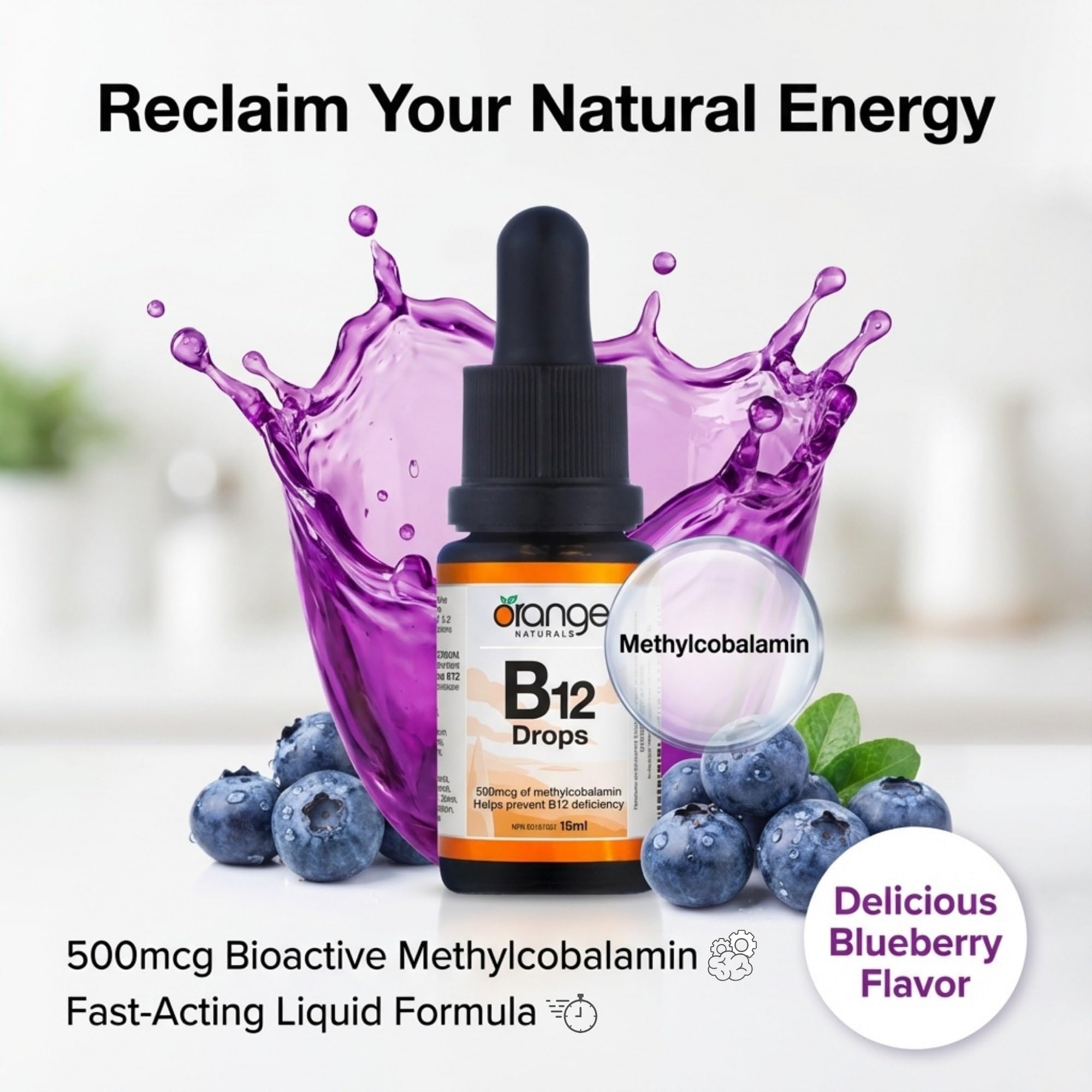Orange Naturals Vitamin B-12 Liquid Drops, 15 ml, 300-Day Supply, Methylcobalamin 500mcg – Tasty Blueberry Flavor, Promotes Daily Vitality and Wellness – Vegan, Non-GMO, Made in Canada, Easy-to-Use
