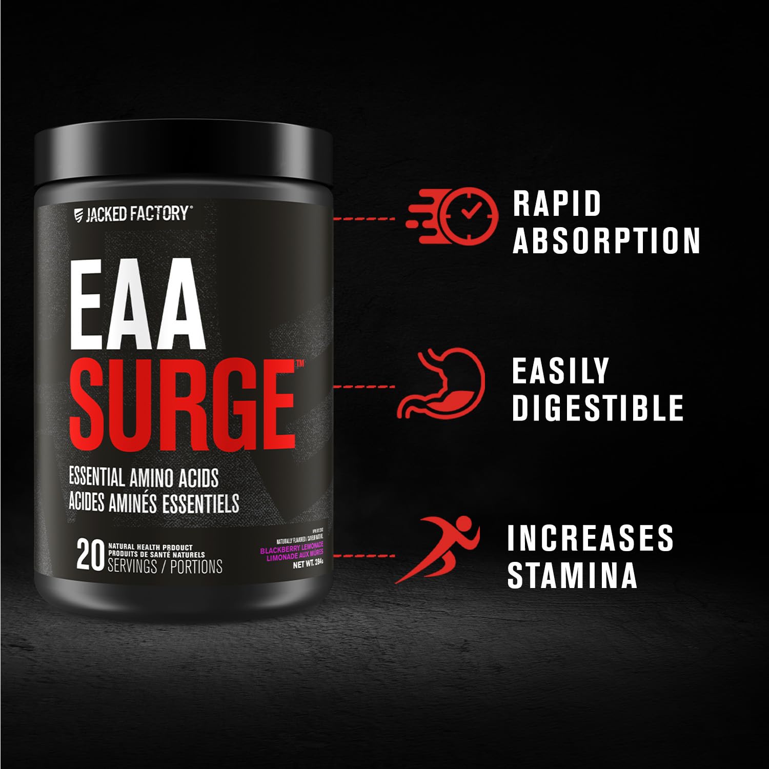 EAA Surge - 9 Essential Amino Acids Supplement for Intra Workout & Post Workout Recovery w/EAAS, BCAA Powder, L-Citrulline, Taurine, Leucine Supplement - 20Sv, Blackberry Lemonade