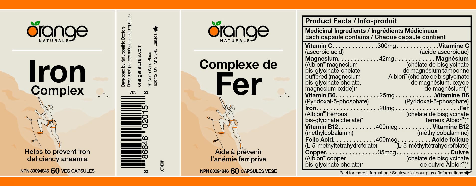 Orange Naturals Iron Complex, 60 Veg Capsules, 60-Day Supply - Vegan, Non-GMO, Soy & Gluten-Free - Gentle Iron Bisglycinate with Vitamin C, B6, B12 & Folic Acid, Easy-to-Digest Iron Supplement