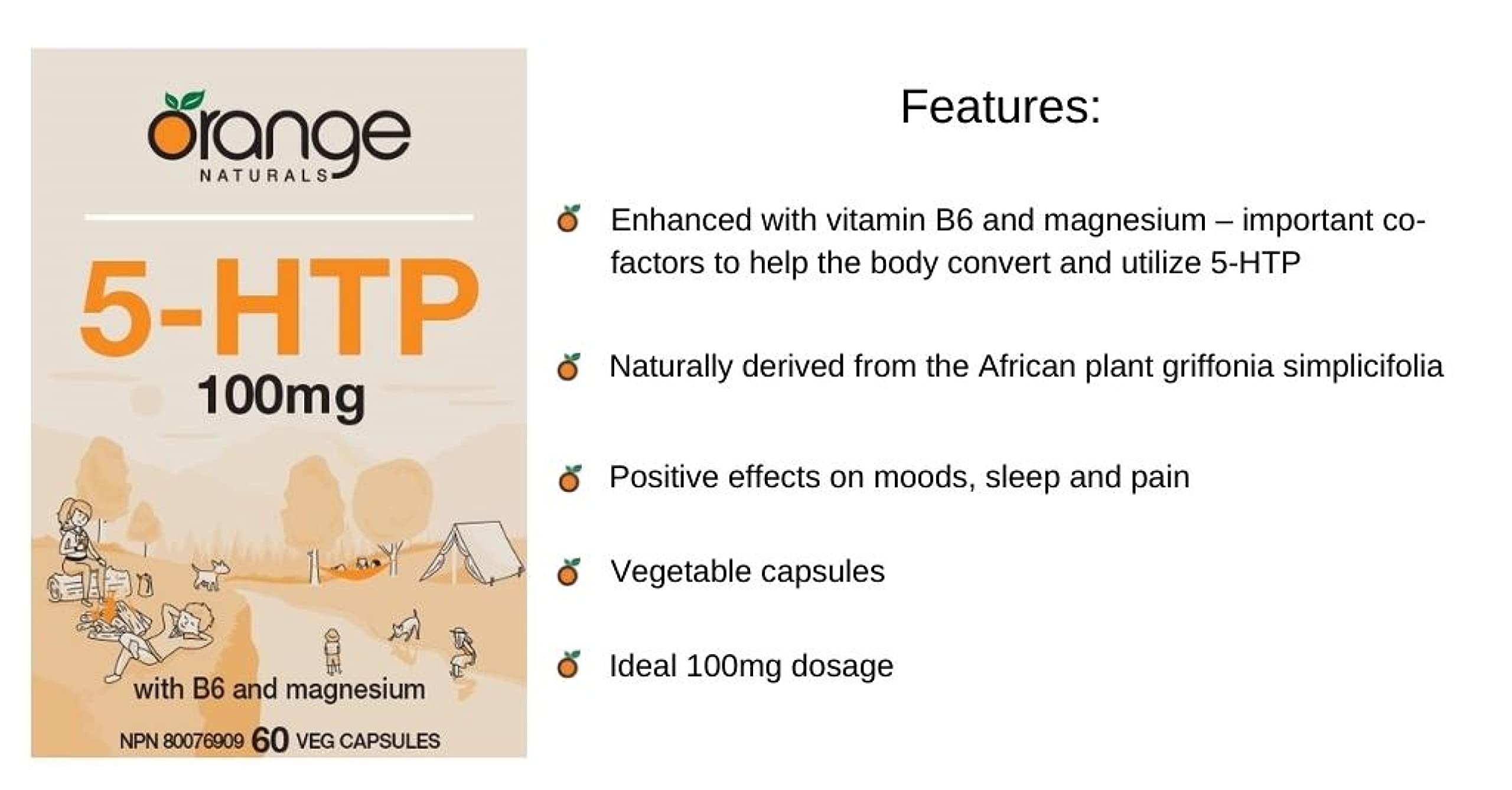 Orange Naturals - 5-HTP with Vitamin B6 & Magnesium 100mg 60 Capsules - Migraine Headache Relief, Mood Support, Relaxation and Sleep Support Supplement