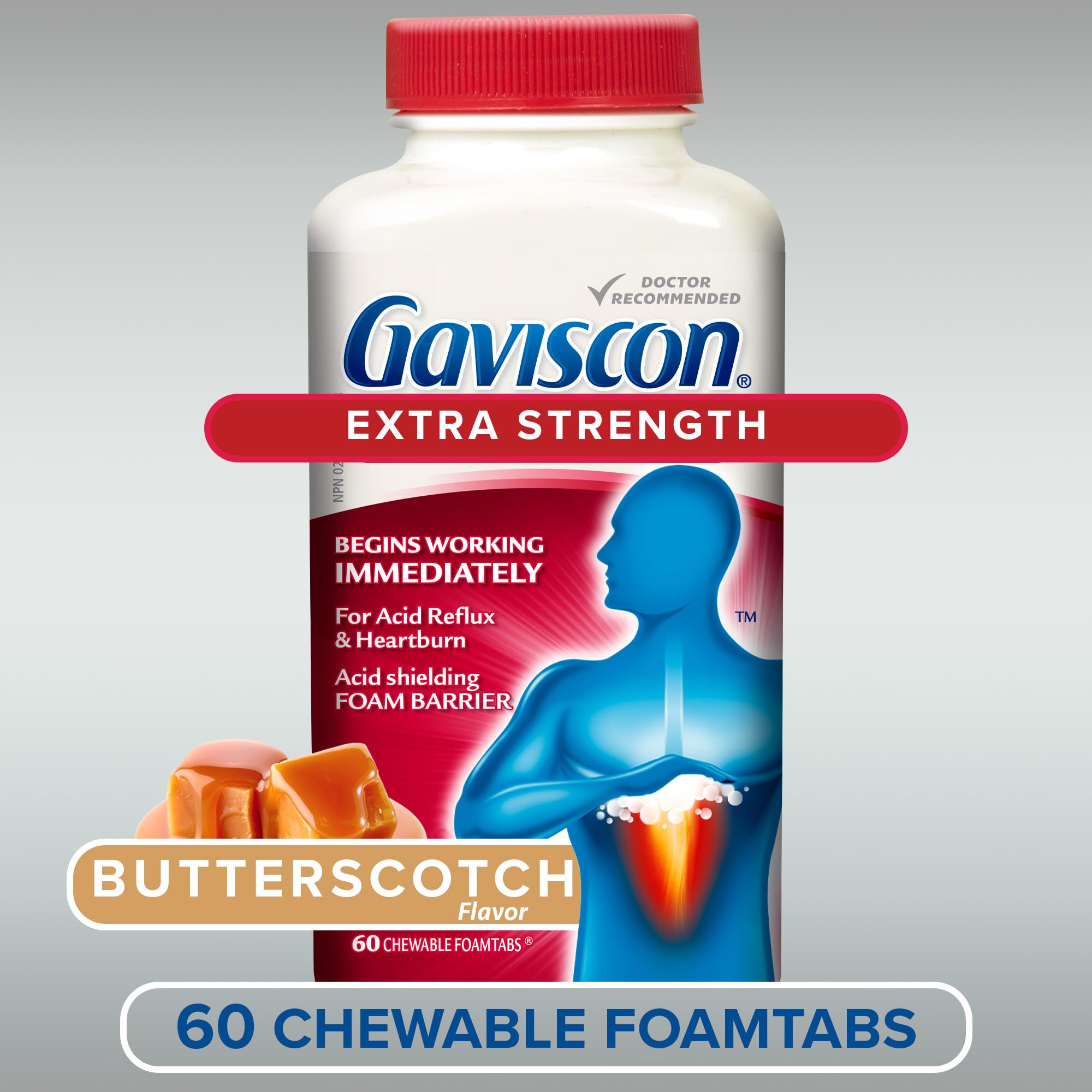 Gaviscon Extra Strength Tablets - 60 Count - Chewable Foaming Antacid Tablets for Day and Night Heartburn Relief, Acid Reflux and GERD relief, Butterscotch - Free of Aluminum, Lactose and Gluten