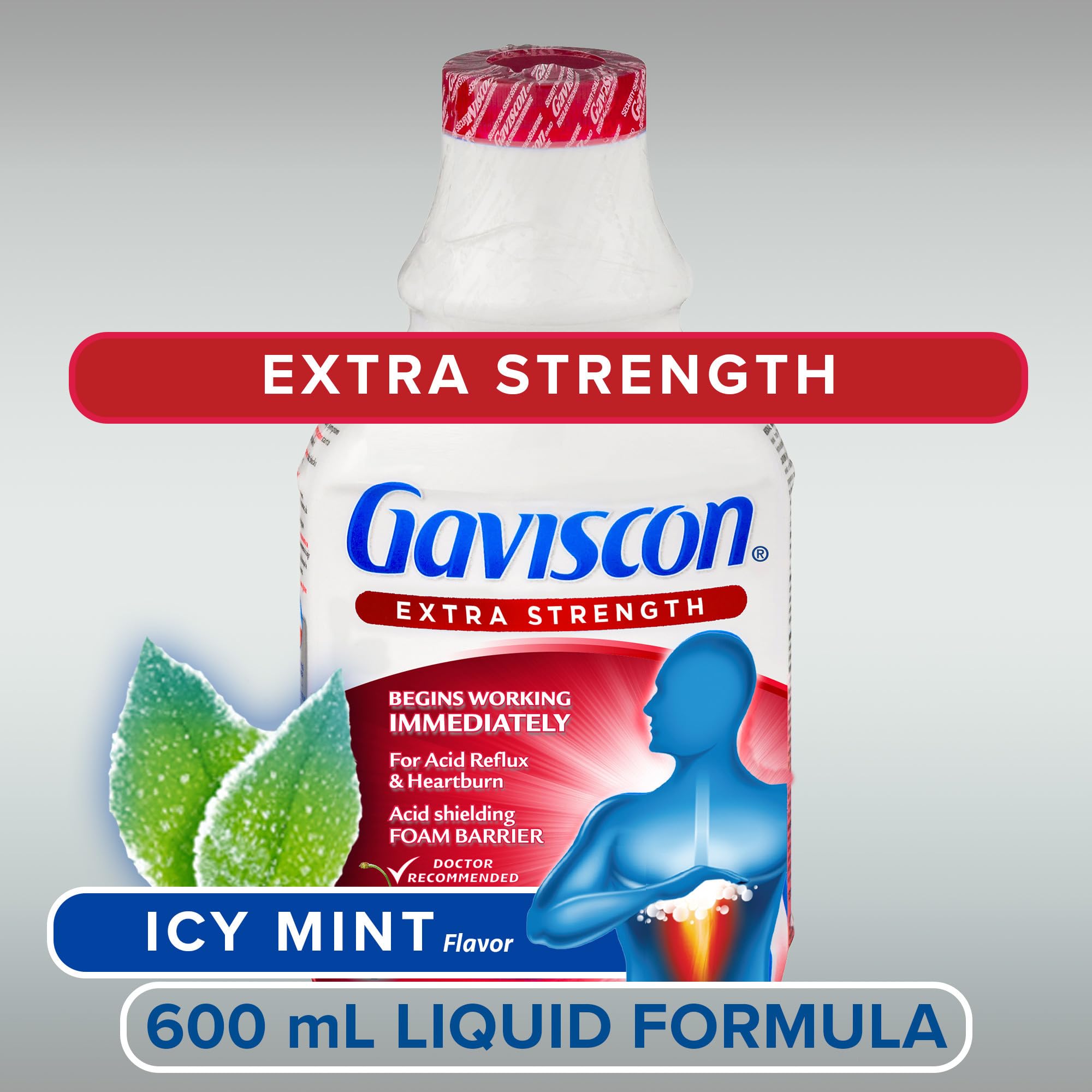 Gaviscon Liquid Extra Strength Antacid - 600 ml - Antacid Liquid for Day and Night Heartburn Relief, Acid Reflux and GERD Relief, Icy Mint- Free of Aluminum, Lactose and Gluten