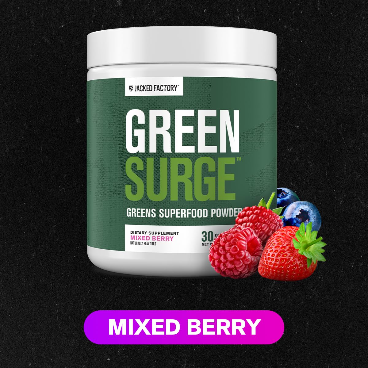 Jacked Factory Greensurge Green Superfood Powder - Greens Drink w/Spirulina, Wheat & Barley Grass, Organic Greens - Green Tea Extract, Probiotics & Digestive Enzymes - 30 Servings, Mixed Berry