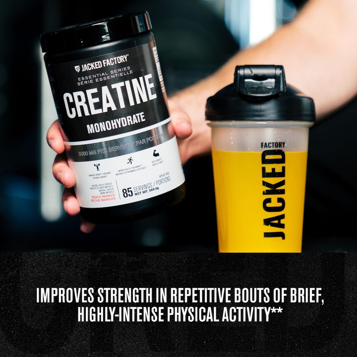 Jacked Factory Creatine Monohydrate Powder 569.5g - Canadian-Owned Informed Choice Certified Supplement for Increased Muscle Mass, Improved Strength, Power, and Performance* - 85 Servings, Peach Mango