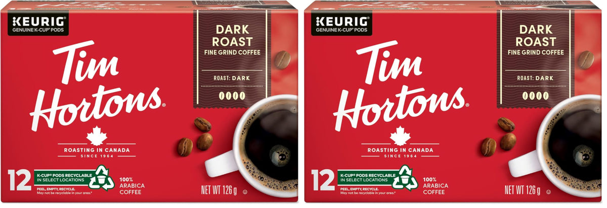 Tim Hortons Premium Dark Coffee, Recyclable Single Serve Keurig K-Cup Pods, Dark Roast, 12 Count (Pack of 2)