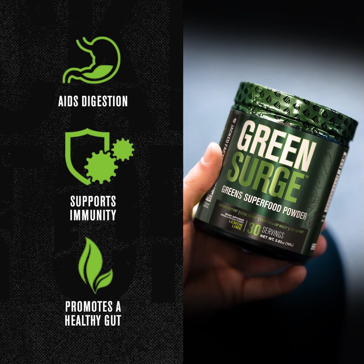 Jacked Factory Greensurge Green Superfood Powder - Greens Drink w/Spirulina, Wheat & Barley Grass, Organic Greens - Green Tea Extract, Probiotics & Digestive Enzymes - 30 Servings, Sour Apple