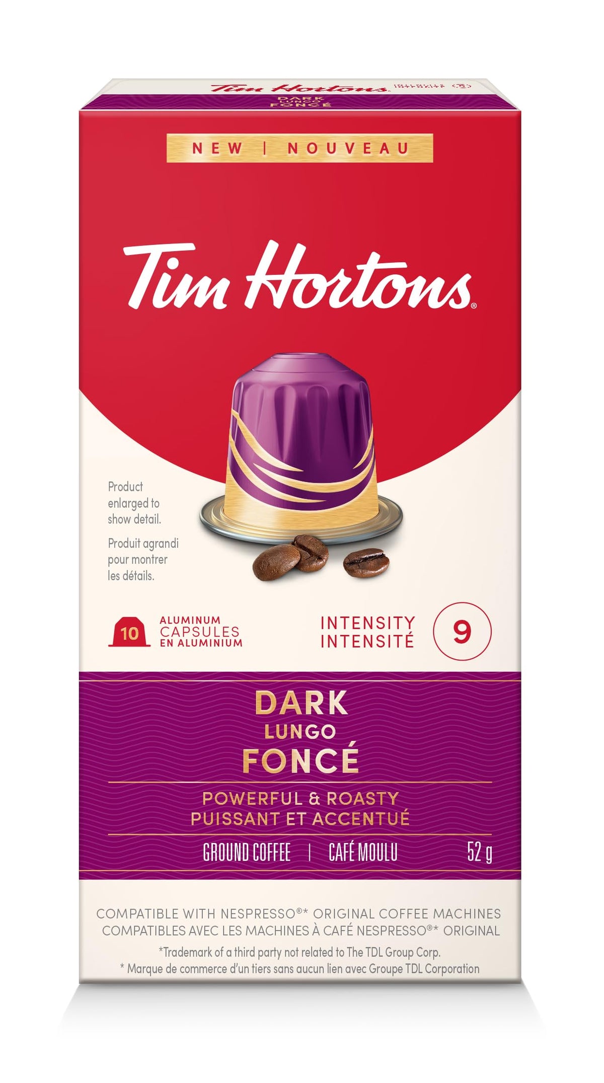 Tim Hortons Dark Lungo Capsules, Nespresso Original Line Compatible Capsules, 10 Count