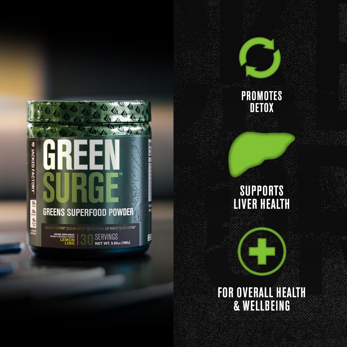 Jacked Factory Greensurge Green Superfood Powder - Greens Drink w/Spirulina, Wheat & Barley Grass, Organic Greens - Green Tea Extract, Probiotics & Digestive Enzymes - 30 Servings, Mixed Berry