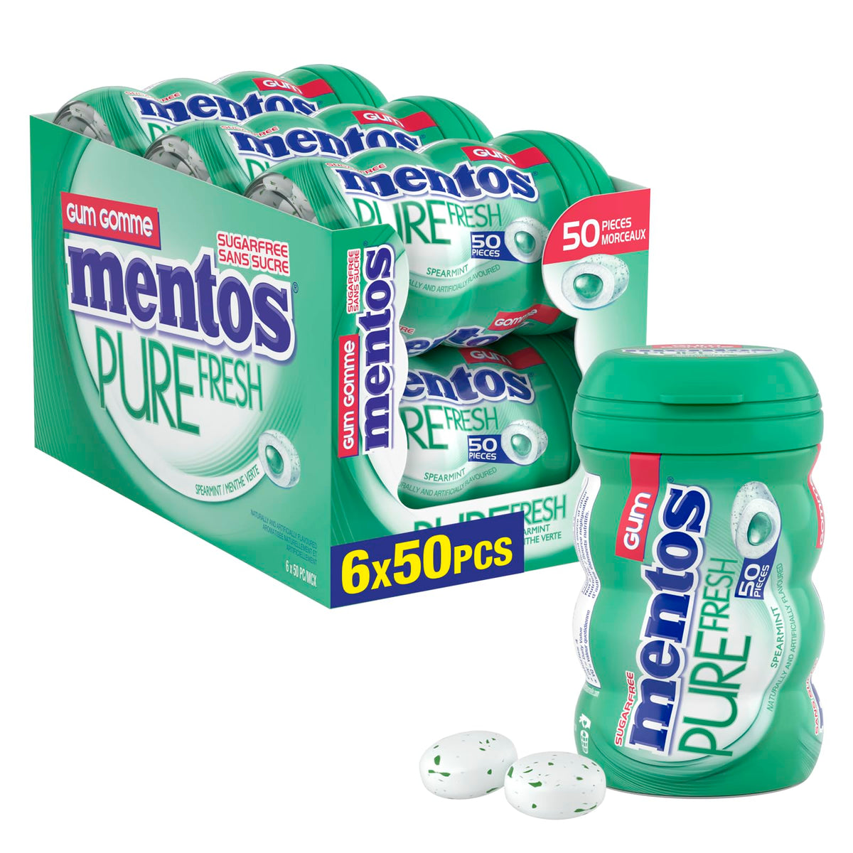 Mentos Pure Fresh, Spearmint Sugar-free Gum - Pack of 6 Bottles (300 Pieces)