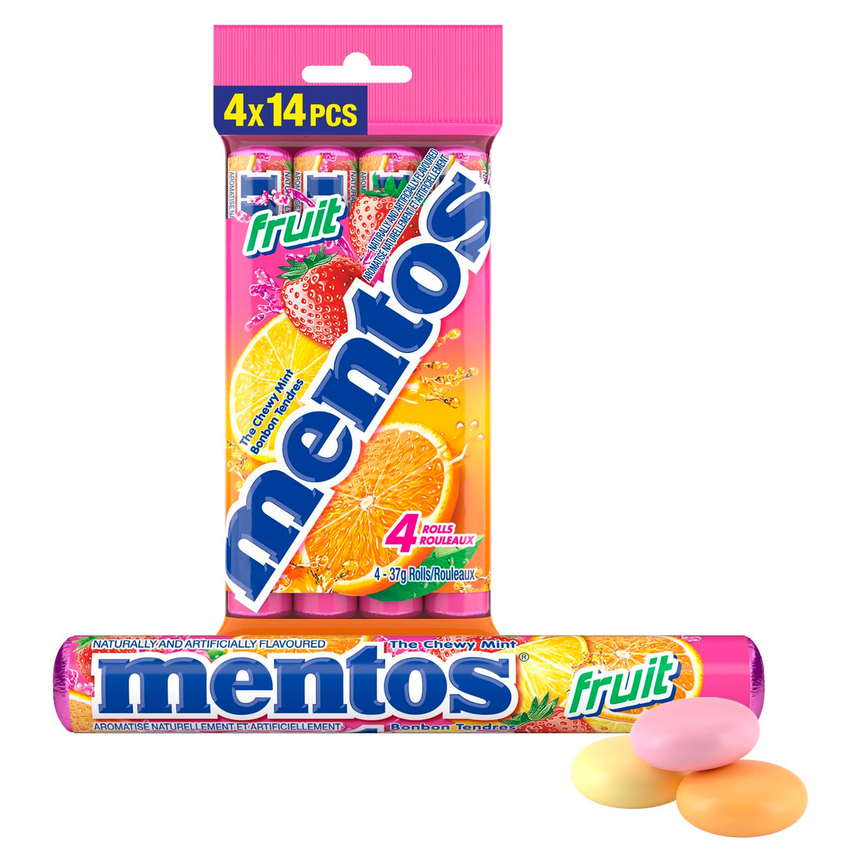 Mentos Chewy Mints, Fruit - Pack of 4 Rolls (56 Pieces), 37g per roll