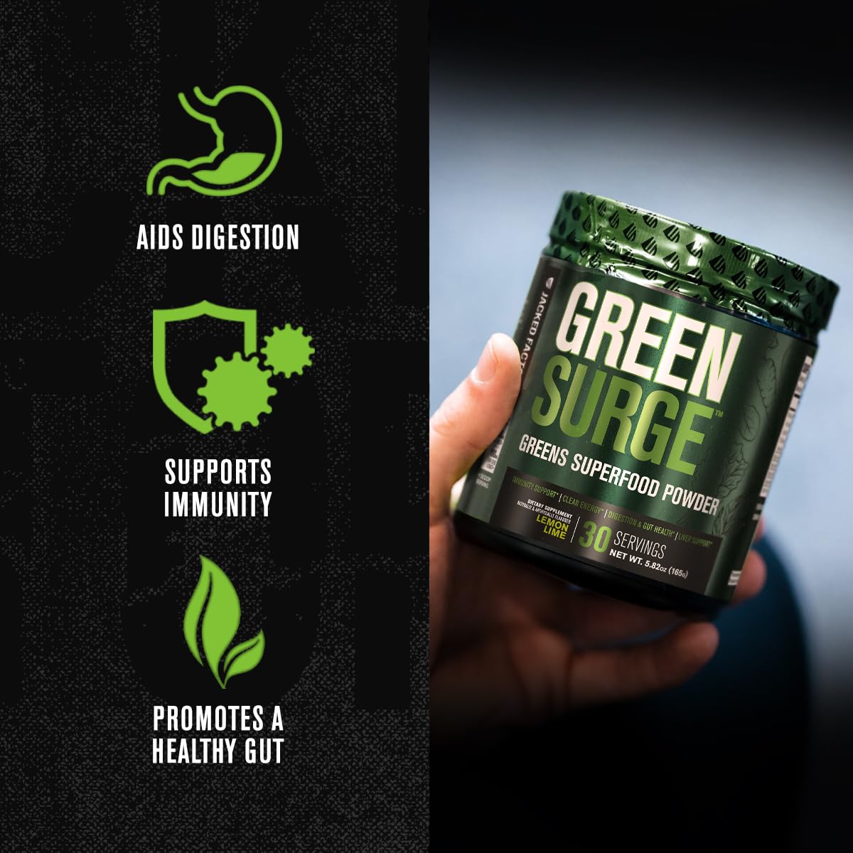 Jacked Factory Greensurge Green Superfood Powder - Greens Drink w/Spirulina, Wheat & Barley Grass, Organic Greens - Green Tea Extract, Probiotics & Digestive Enzymes - 30 Servings, Mixed Berry