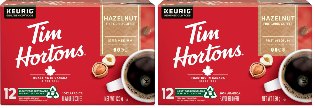 Tim Hortons Hazelnut Flavoured Coffee, Single Serve Keurig K-Cup Pods, Medium Roast, 12 Count (Pack of 2)