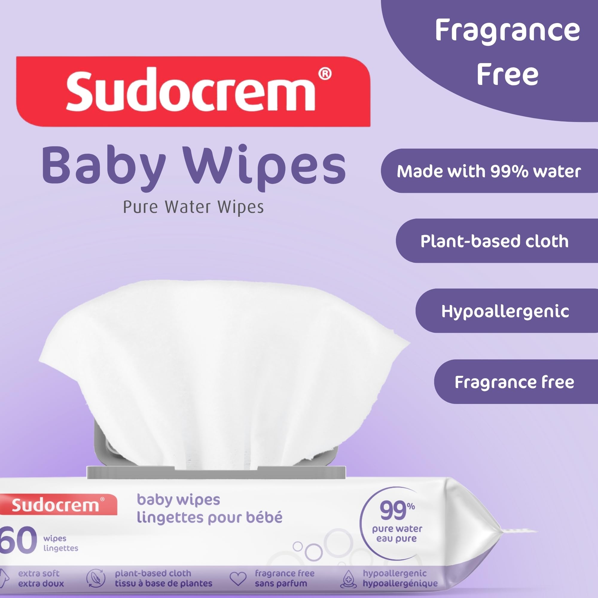 Sudocrem Pure Water Wipes 180 Count - Unscented, Hypoallergenic, Plant-Based Baby Wipes, 99% Water - Extra Strong and Ultra Soft (3 Packs of 60)