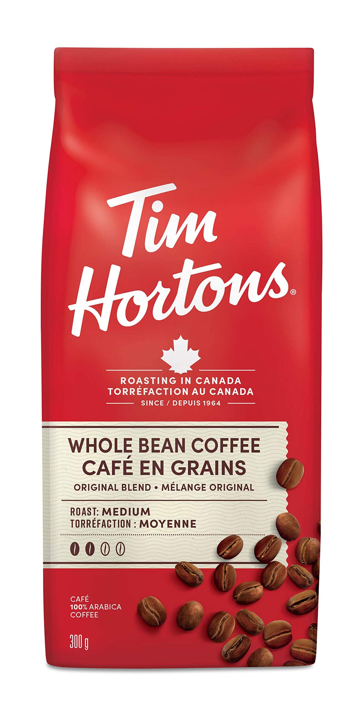 Tim Hortons Original Coffee, Whole Bean Bag, Medium Roast, 300g