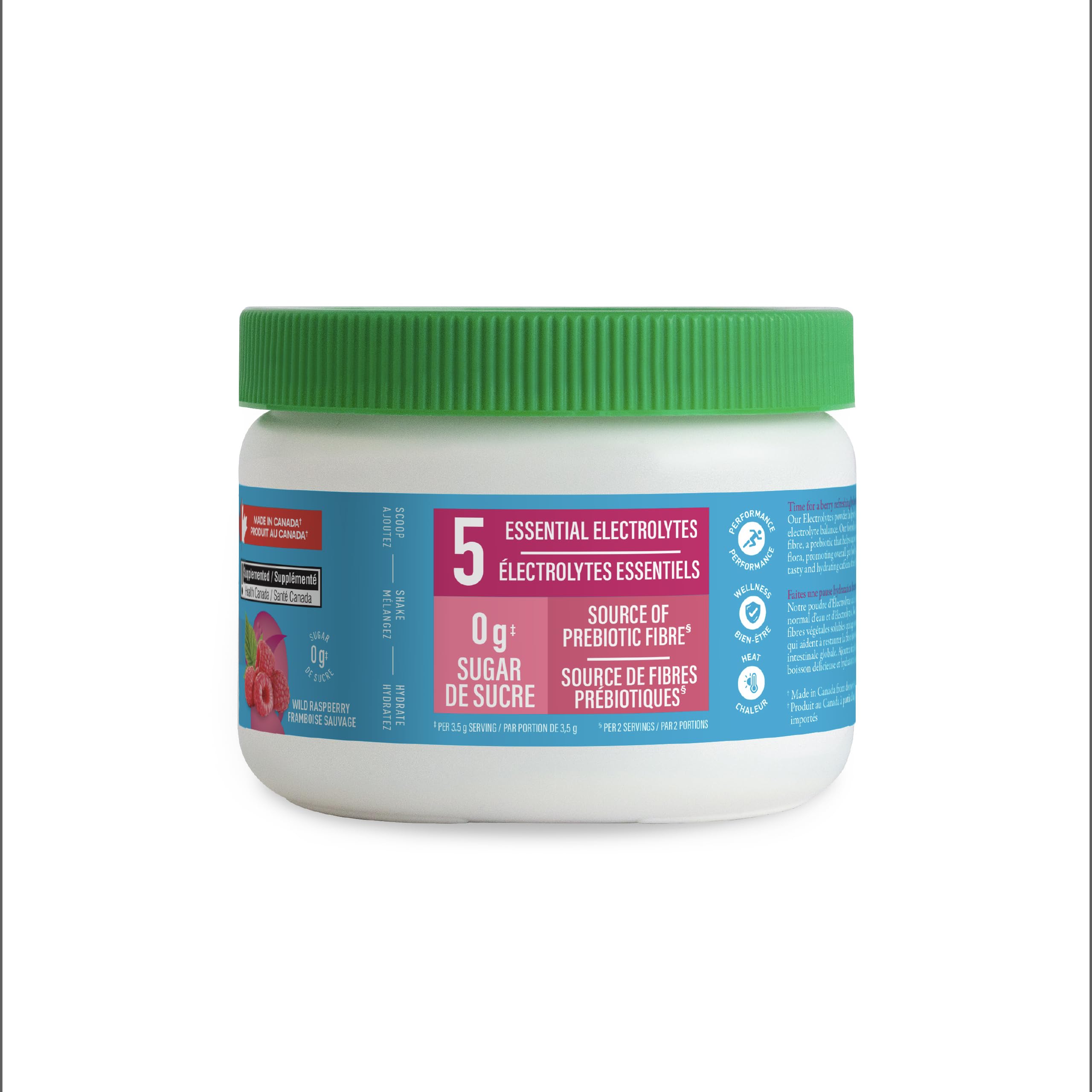 Organika Canadian-Made Electrolytes Powder with Vitamin C & Prebiotic Fibre - Sugar-Free Hydration Drink Mix - Wild Raspberry - 210 g - 60 servings