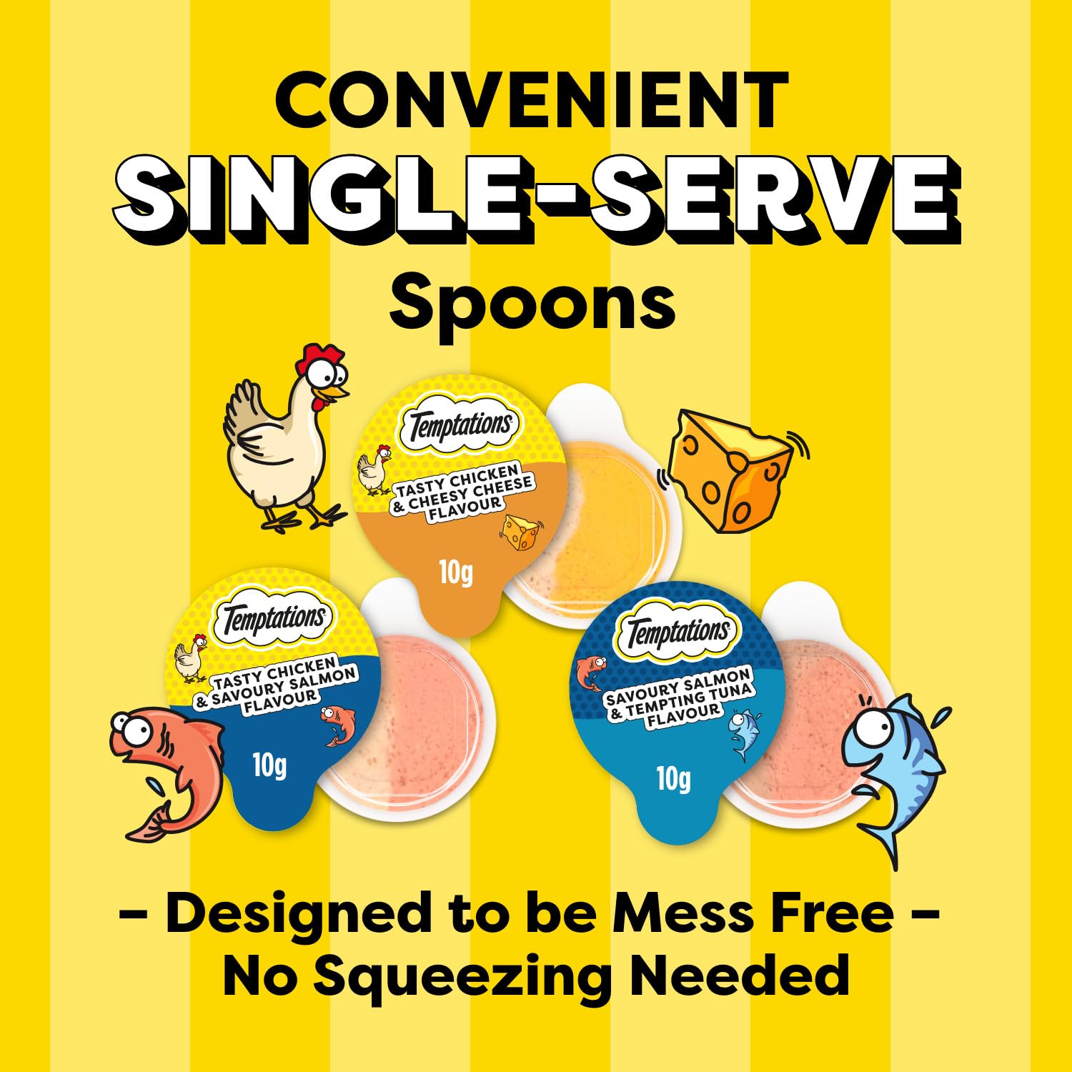 Temptations Lickable Spoons Adult Cat Treats Chicken & Salmon, Salmon & Tuna, Chicken & Cheese Flavours Variety Pack, (24) 10g Spoons (Pack of 2)