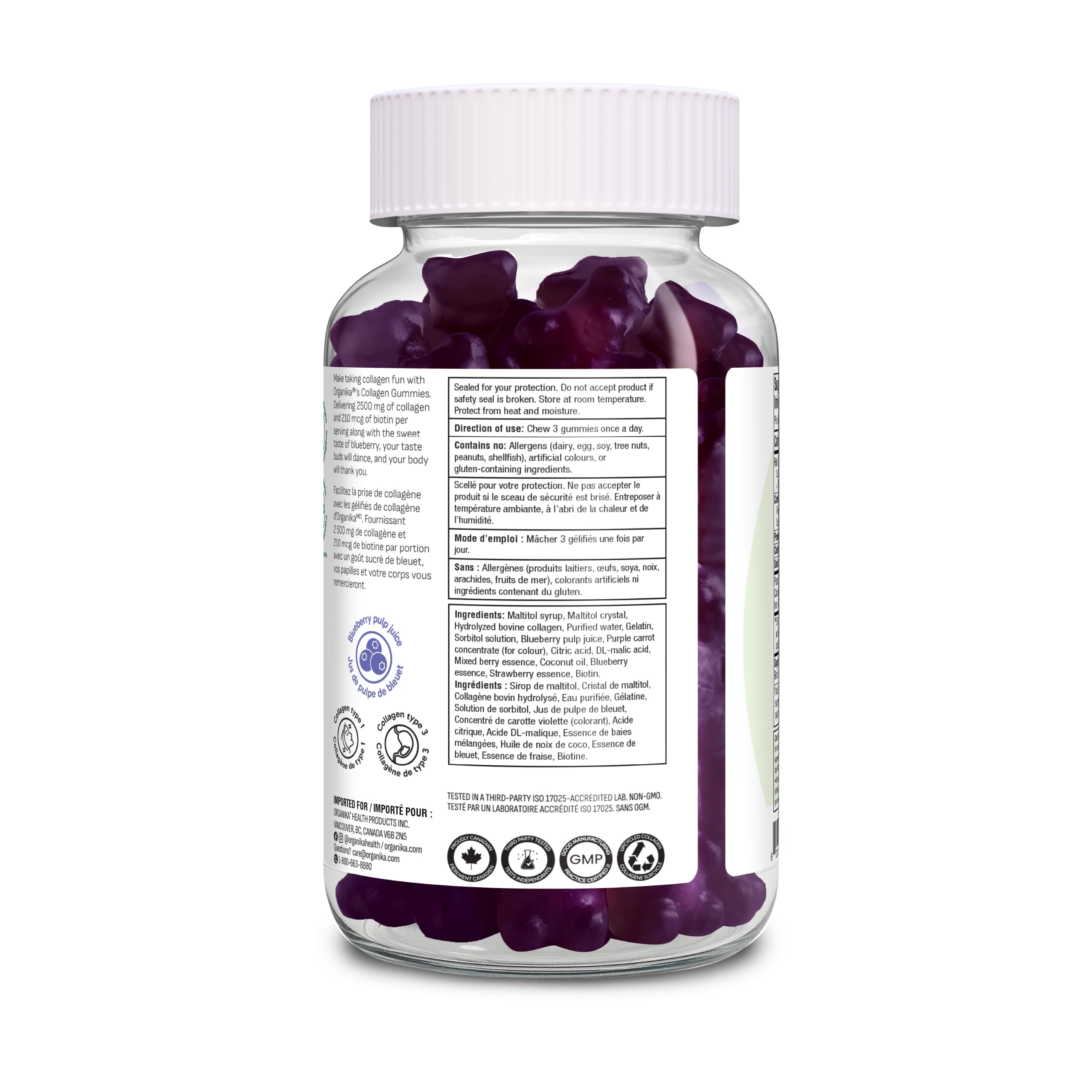 Organika Collagen Gummies with Biotin – 2500 mg Collagen Per Serving for Skin, Hair and Joint Health – Blueberry Bliss Flavour, Easy to Take – 90 Gummies