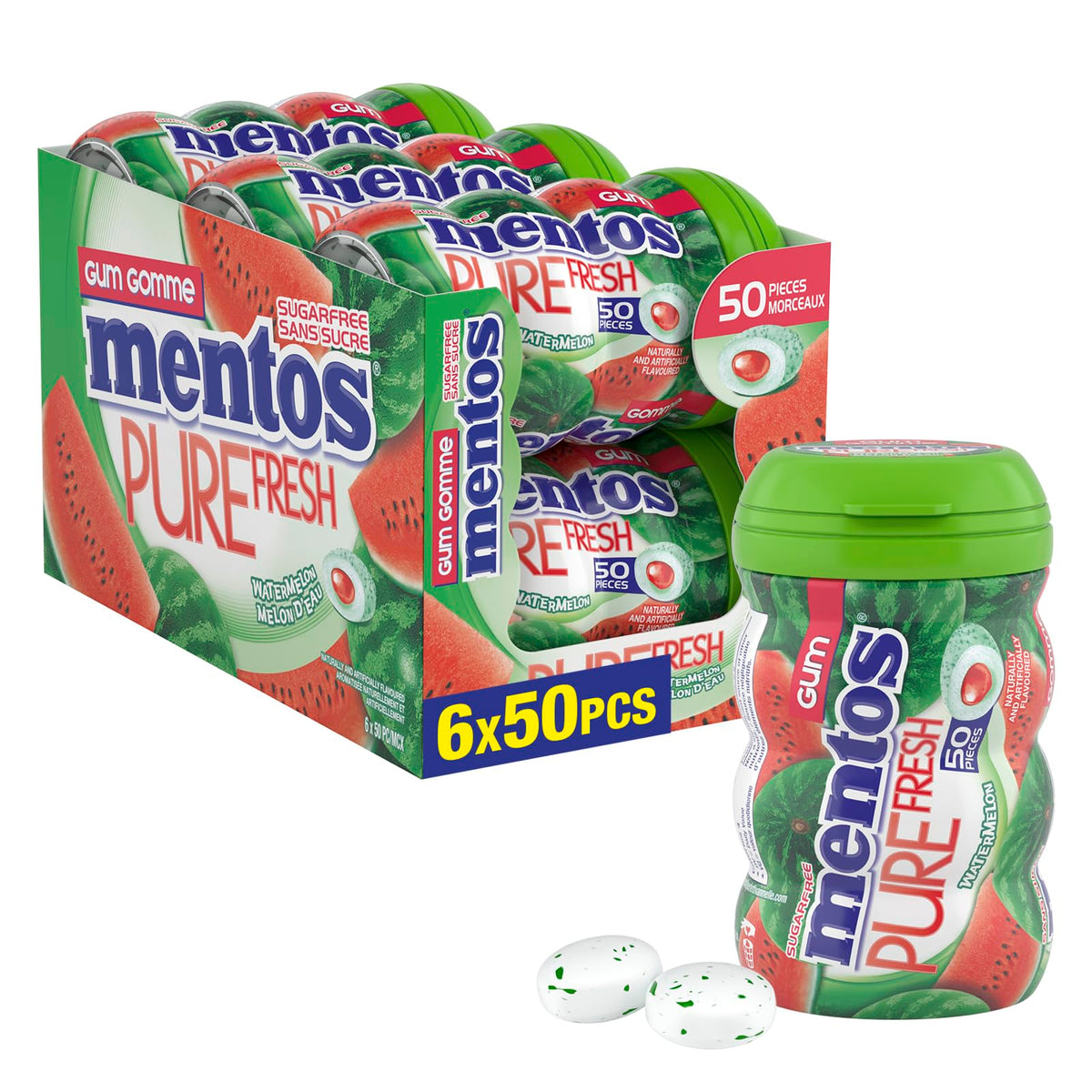 Mentos Pure Fresh, Watermelon Sugar-free Gum - Pack of 6 Bottles (300 Pieces)