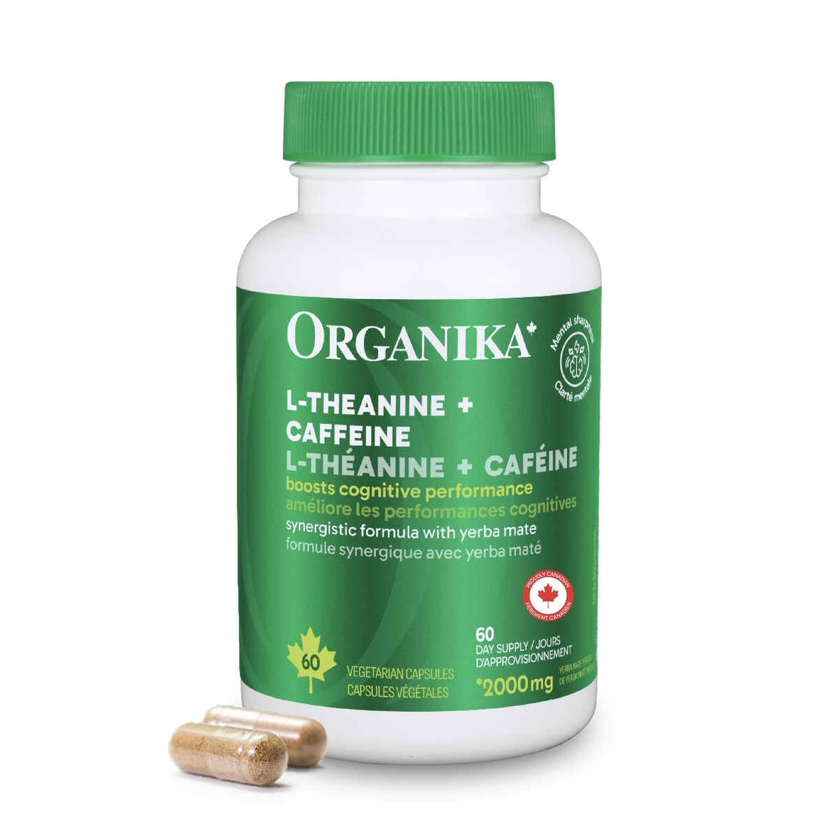 Organika Canadian-Made L-Theanine + Caffeine | Natural Yerba Mate Caffeine & L-Theanine Blend | Focus, Alertness & Calm Energy | 60 vegetarian capsules