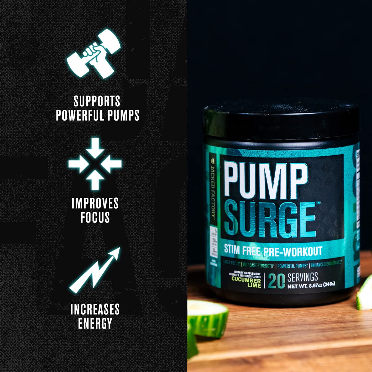 Pumpsurge Caffeine Free Preworkout for Men & Women - Stim Free Pre Workout Powder, Nitric Oxide Pump Pre Workout, & Nootropic Supplement - Intense Pumps, Laser Focus - 20 Servings, Strawberry Lemonade