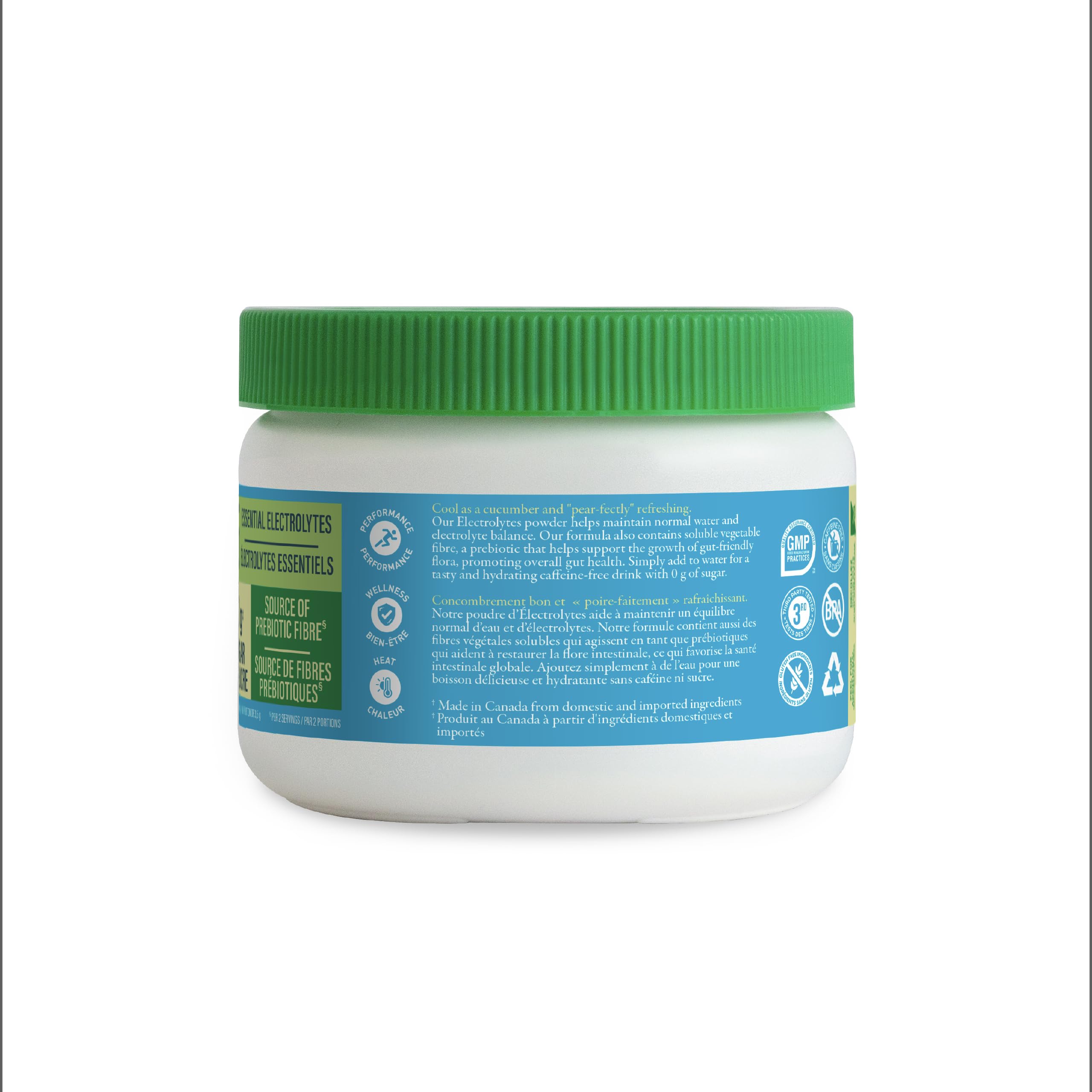 Organika Canadian-Made Electrolytes Powder with Vitamin C & Prebiotic Fibre - Sugar-Free Hydration Drink Mix - Cucumber Pear - 210 g - 60 servings
