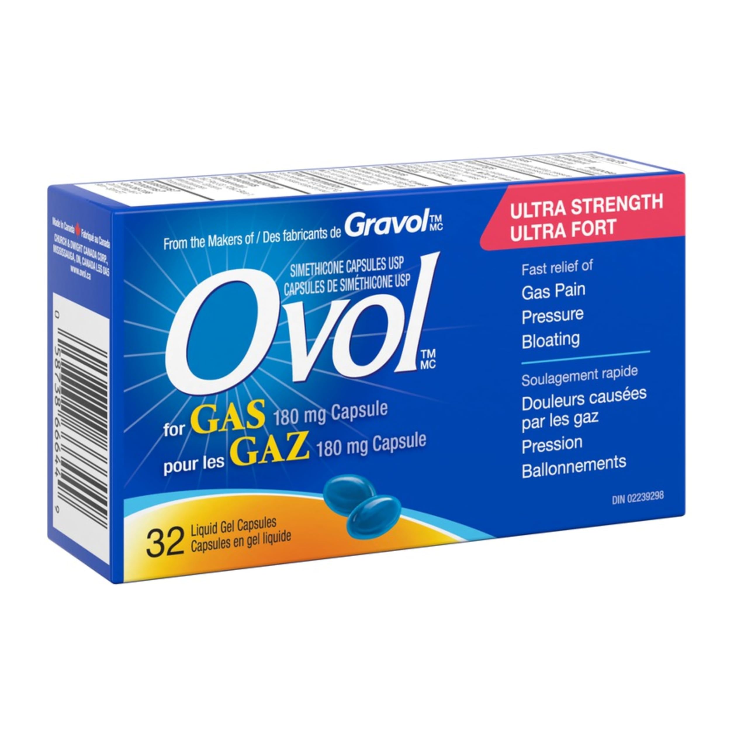 Ovol Ultra Strength Softgels Capsule For Gas, Relief for Gas Pain, Pressure, Bloating, Made in Canada, 180mg