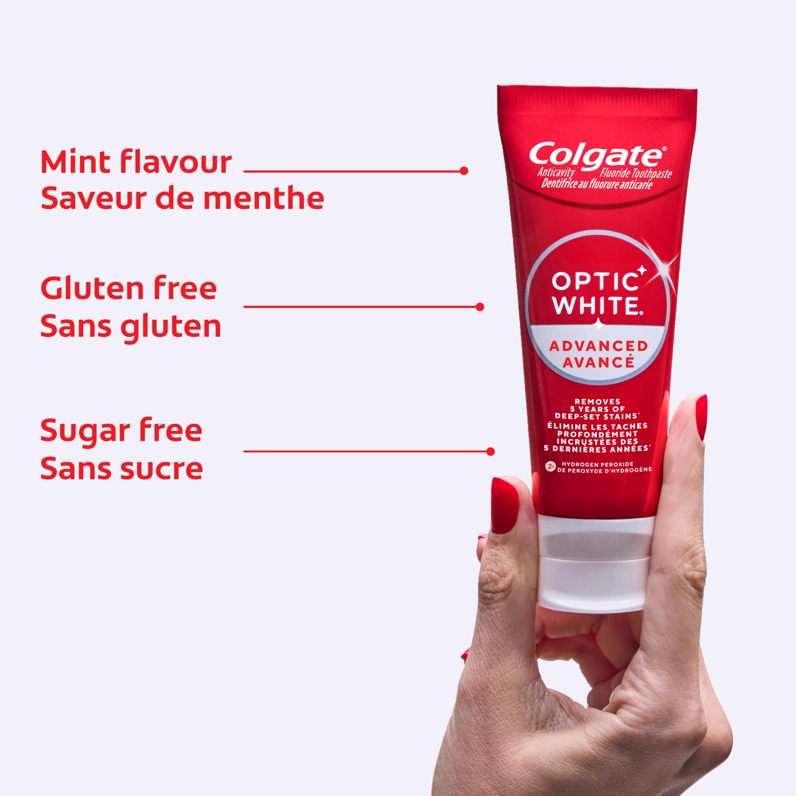 Colgate Optic White Advanced Sparkling White Toothpaste with 2% Hydrogen Peroxide and Fluoride, Teeth Whitening Toothpaste, Deep-Set Stain Remover, Mint Flavour, 133 mL (Pack of 2)