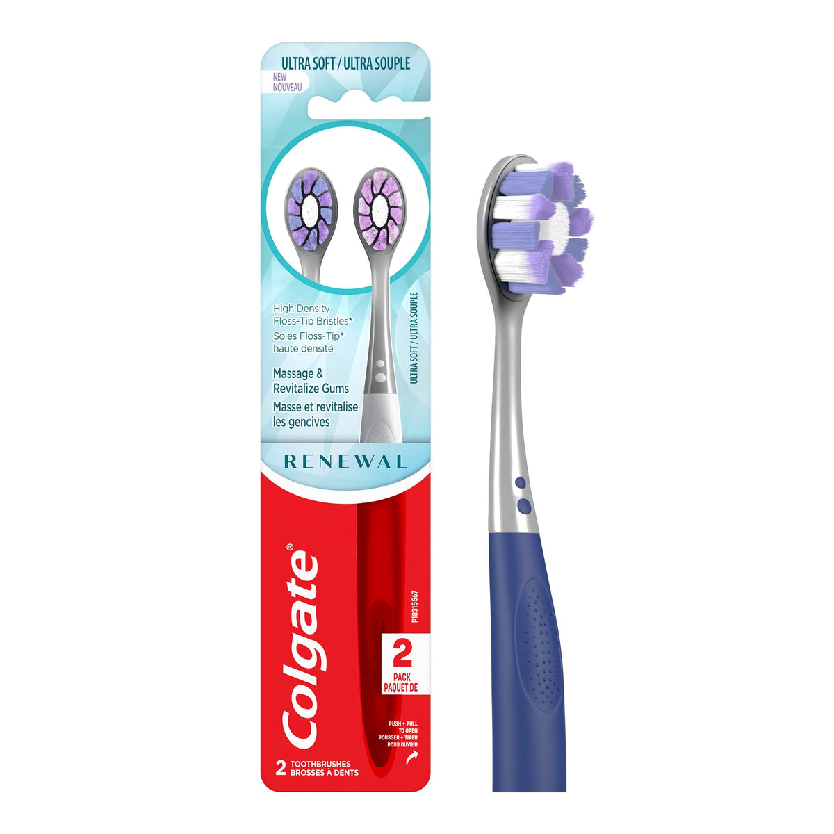 Colgate Ultra Soft Renewal Full Size Toothbrush (2 Pack) with High Density Floss-Tip Bristles, Colgate Oral Care for Gentle and Effective Cleaning, Ideal for Sensitive Teeth and Gums