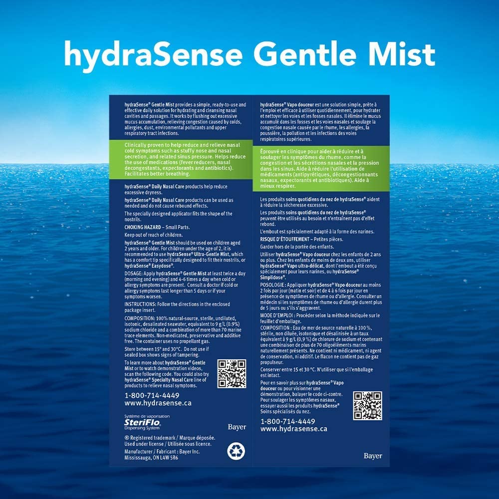 hydraSense Medium Stream Nasal Spray, Daily Nasal Care, 100% Natural Source Seawater, Preservative-Free, 100 mL