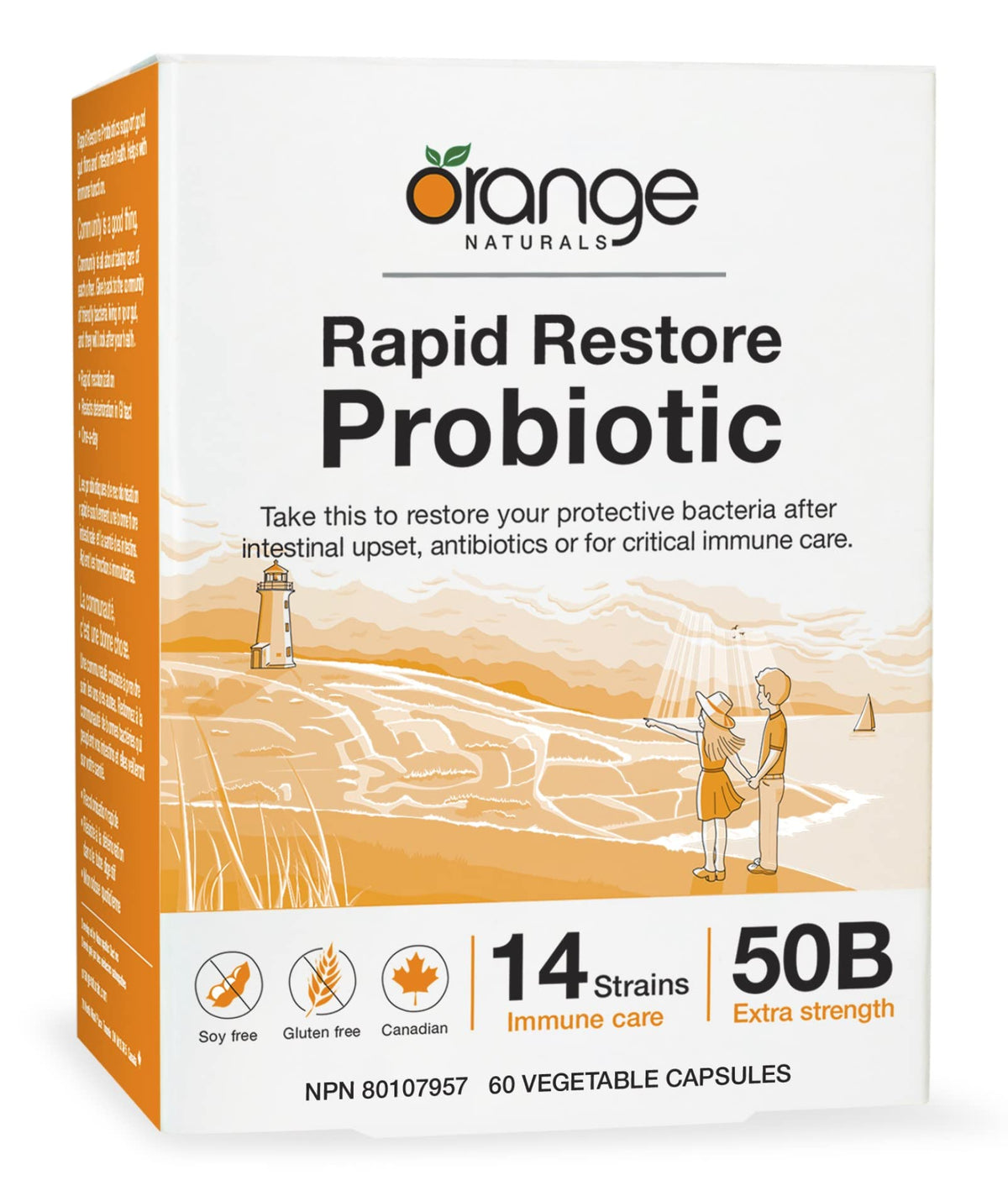 Orange Naturals Rapid Restore Probiotic 50 Billion CFU, 60 Veg Caps 60-Day Supply - 14 Strains, Lactobacillus Rhamnosus & Bifidobacterium Longum, Supports for Digestion, Gut Flora & Overall Wellness
