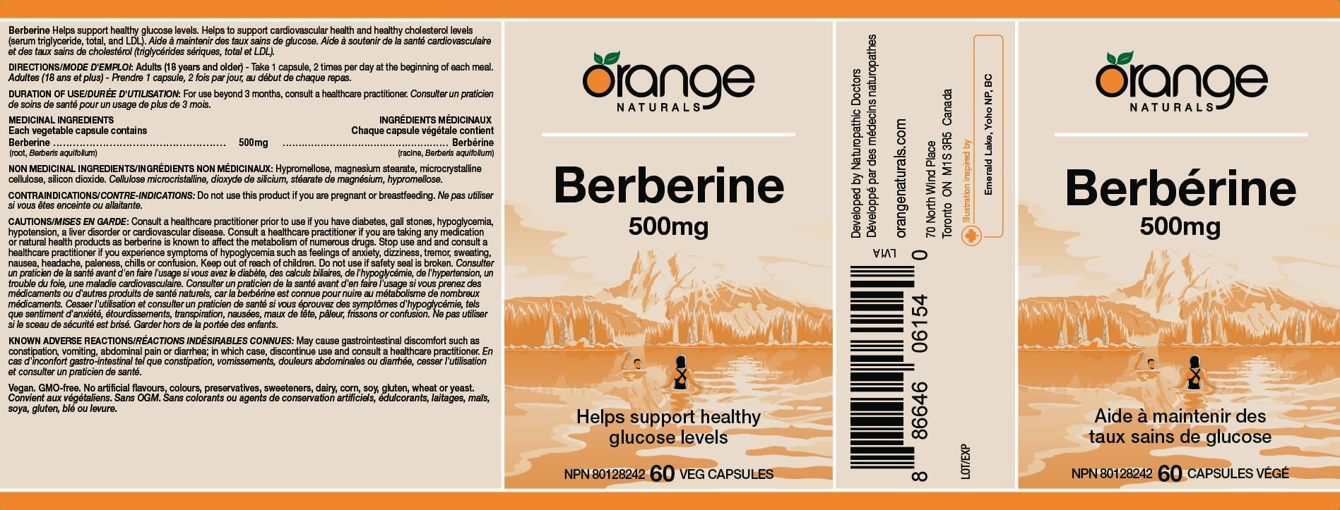 Orange Naturals - Berberine 500mg, 60 Capsules 30-Day Supply - Berberine Helps Support Healthy Glucose Levels, Cholesterol Levels & Cardiovascular Health - Vegan & Non-GMO - Natural Metabolic Support