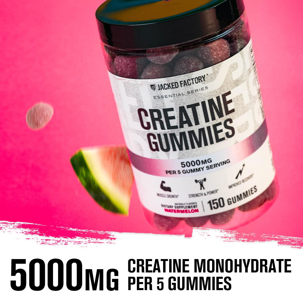 Jacked Factory Creatine Gummies 5g Daily Dose (1g per Gummy) - Creatine Monohydrate Gummy for Men and Women, Vegan-Friendly, Travel-Friendly, Third-Party Tested - 150 Gummies, Watermelon