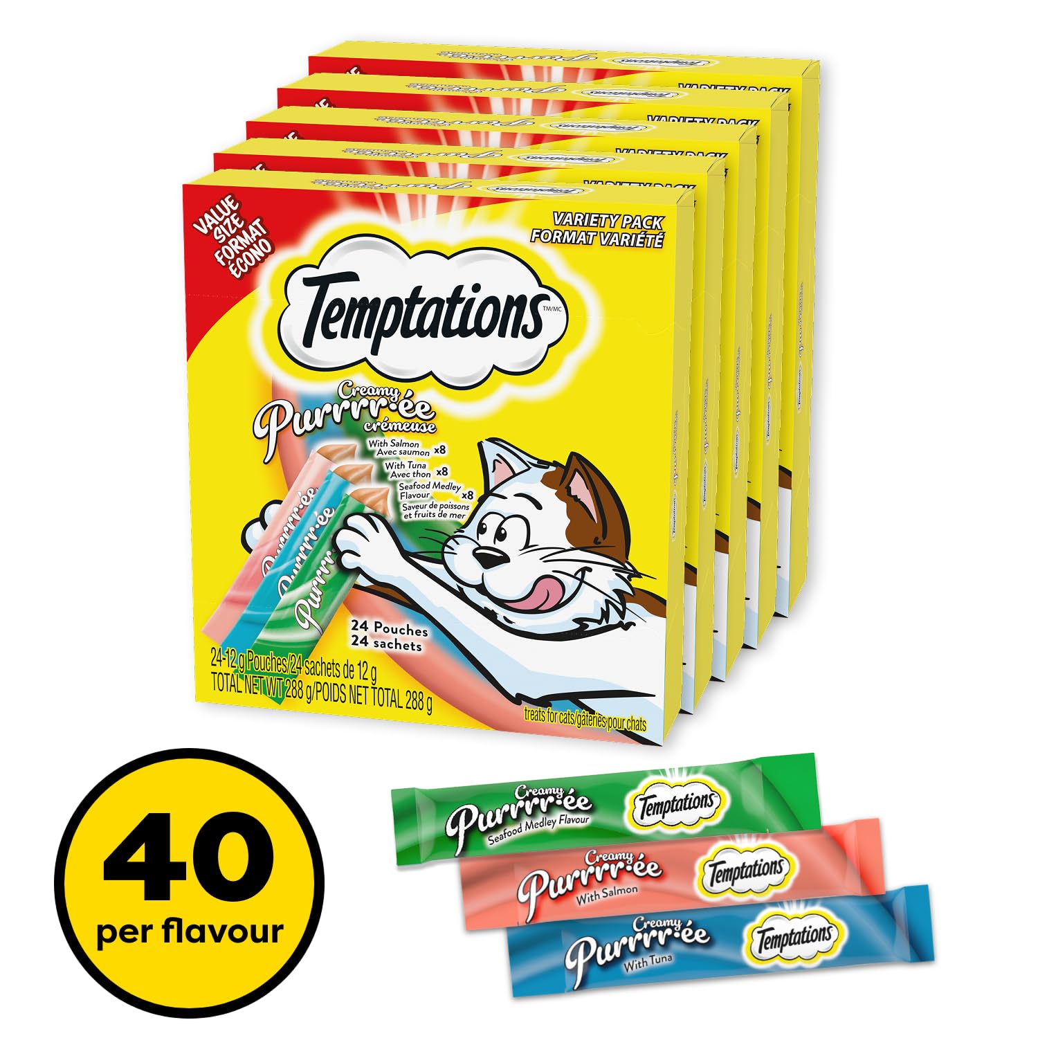 TEMPTATIONS Creamy Puree Adult Lickable Cat Treats, Seafood Variety Pack, Seafood Medley, Salmon, and Tuna Flavours, 120 Pouches