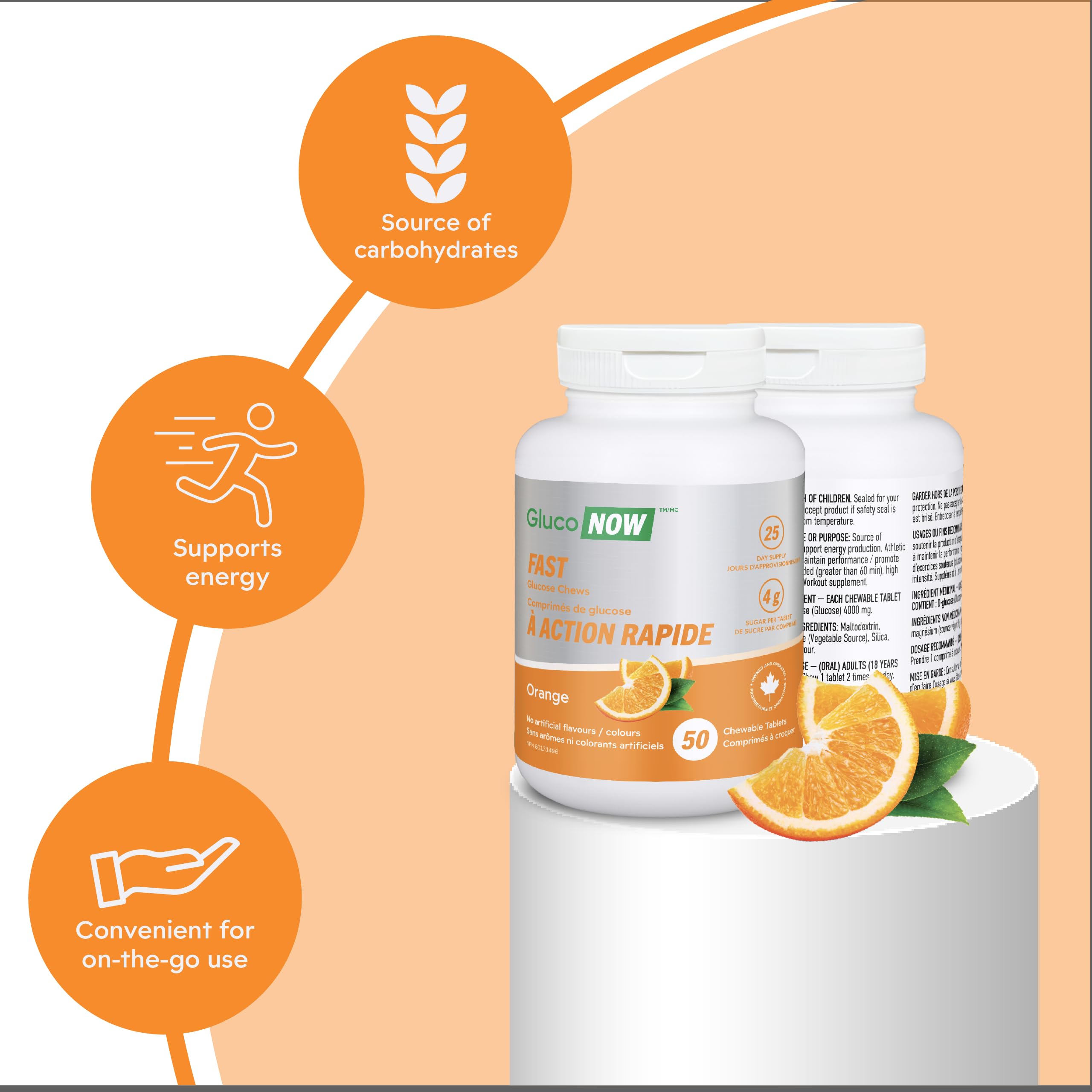 GlucoNOW FAST Glucose Chews, 4g Sugar, Orange Flavour - 50 chewable tablets