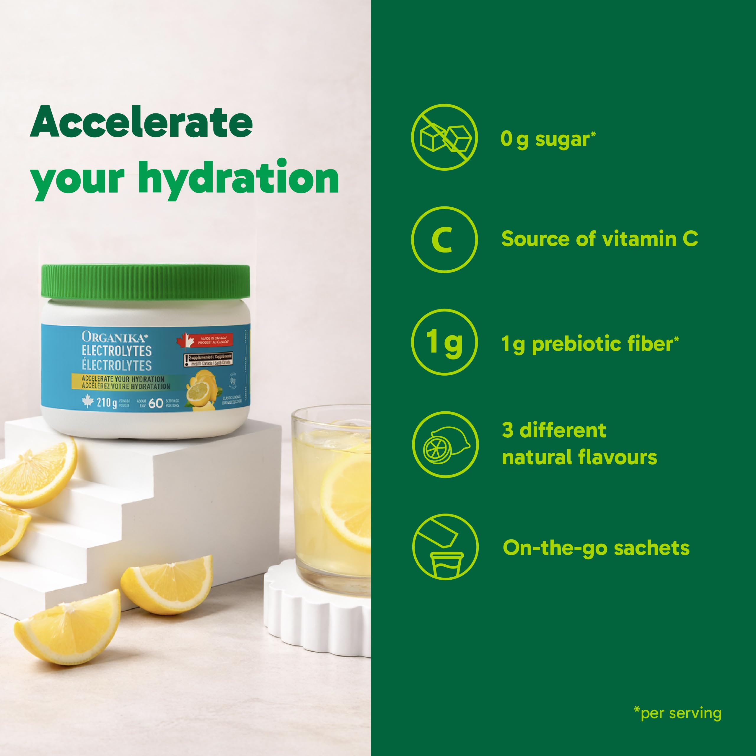 Organika Canadian-Made Electrolytes Powder with Vitamin C & Prebiotic Fibre - Sugar-Free Hydration Drink Mix - Classic Lemonade - 210 g - 60 servings