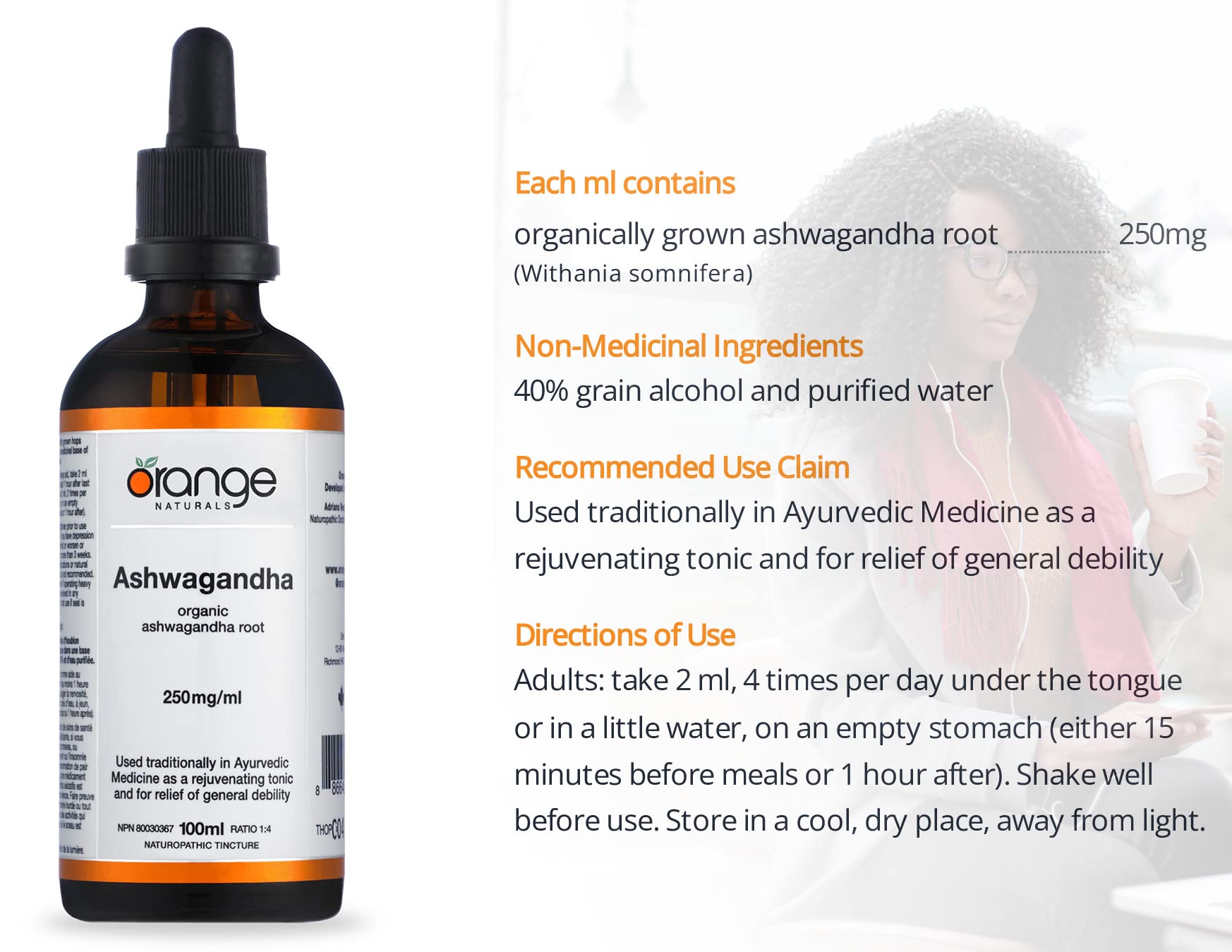 Orange Naturals - Ashwagandha Tincture Organic, 100ml 50-Servings - Organic Ashwagandha Liquid Drops - Memory Health, Nervous System and Sleep Aid