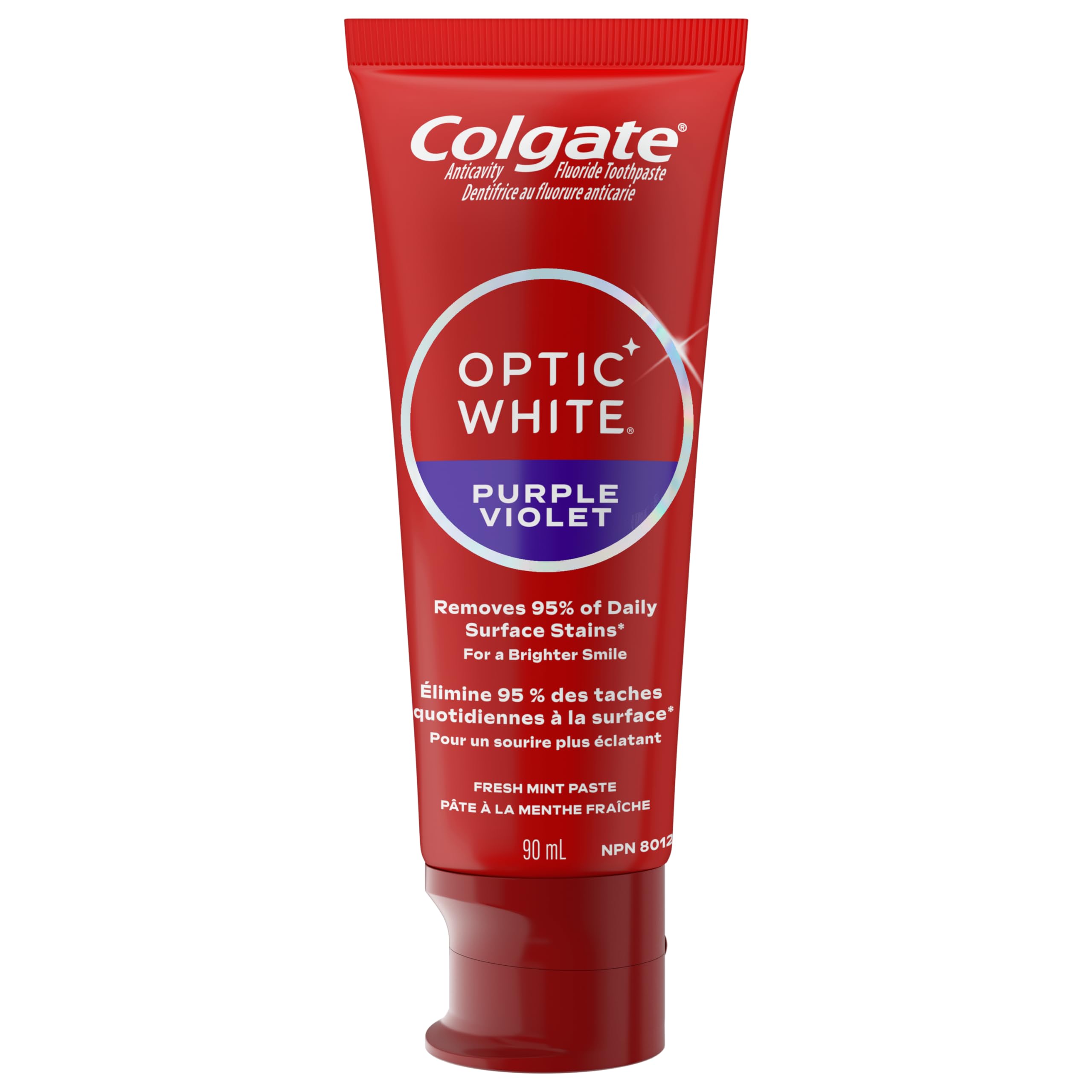Colgate Optic White Purple Teeth Whitening Toothpaste, Anticavity Toothpaste with Fluoride, Fresh Mint Flavour, 90 mL