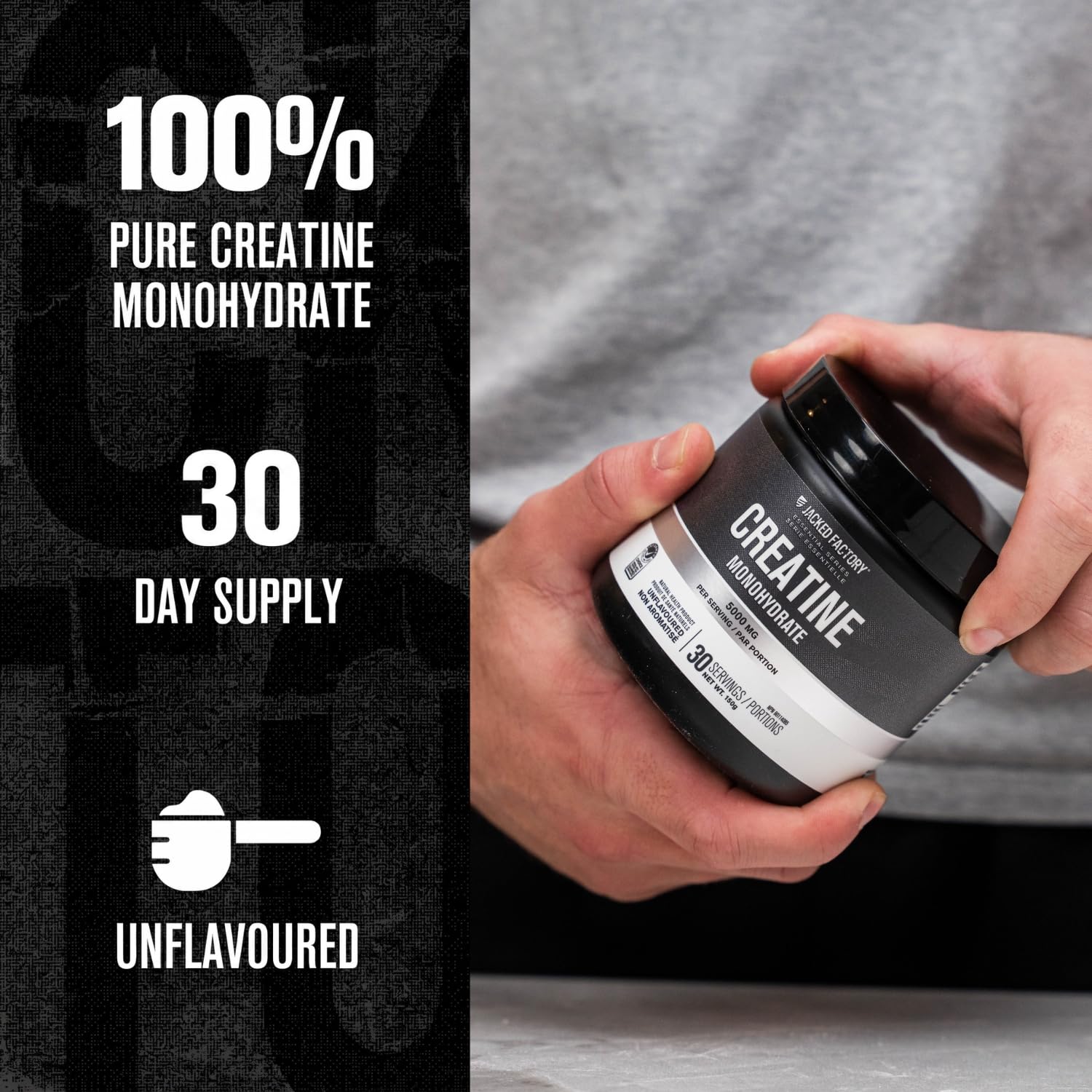 Jacked Factory Creatine Monohydrate Powder 150g - Canadian-Owned Informed Choice Certified Supplement for Increased Muscle Mass*, Improved Strength, Power, & Performance** - 30 Servings, Unflavored