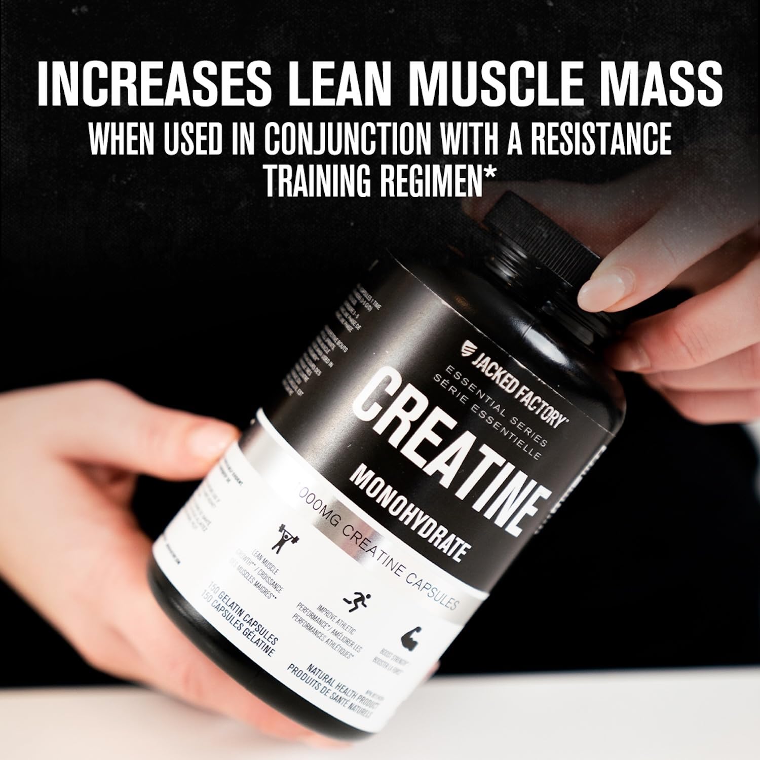 Jacked Factory Creatine Monohydrate Capsules - Canadian-Owned Supplement for Muscle Growth, Increased Strength, Enhanced Energy Output, and Improved Athletic Performance - 150 Pills