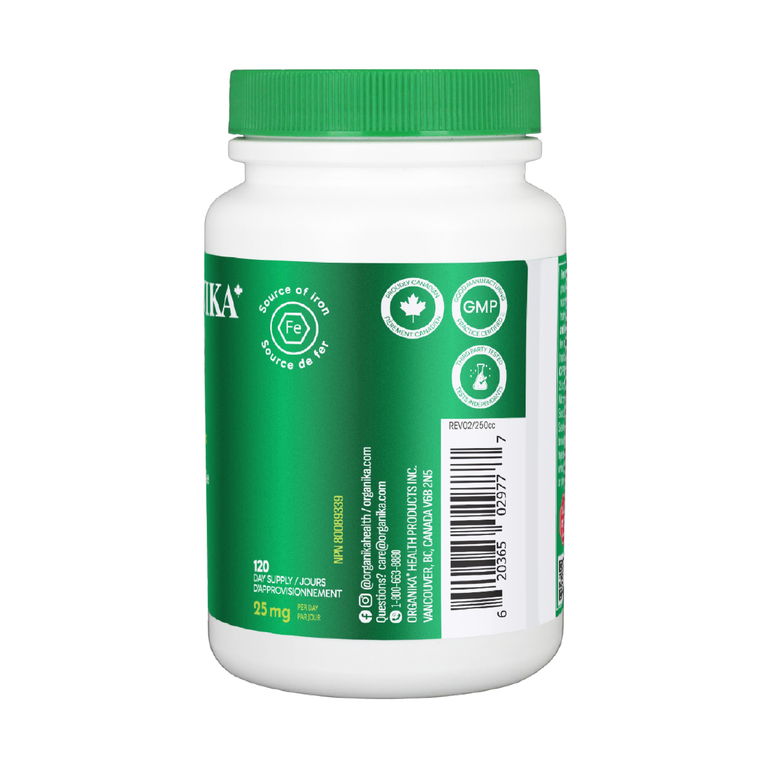 Organika Canadian-Made Absolute Iron - Iron Bisglycinate- High Availability, Gentle on Stomach, Boost Iron Levels- Beneficial for Women and Vegetarians- 120vcaps