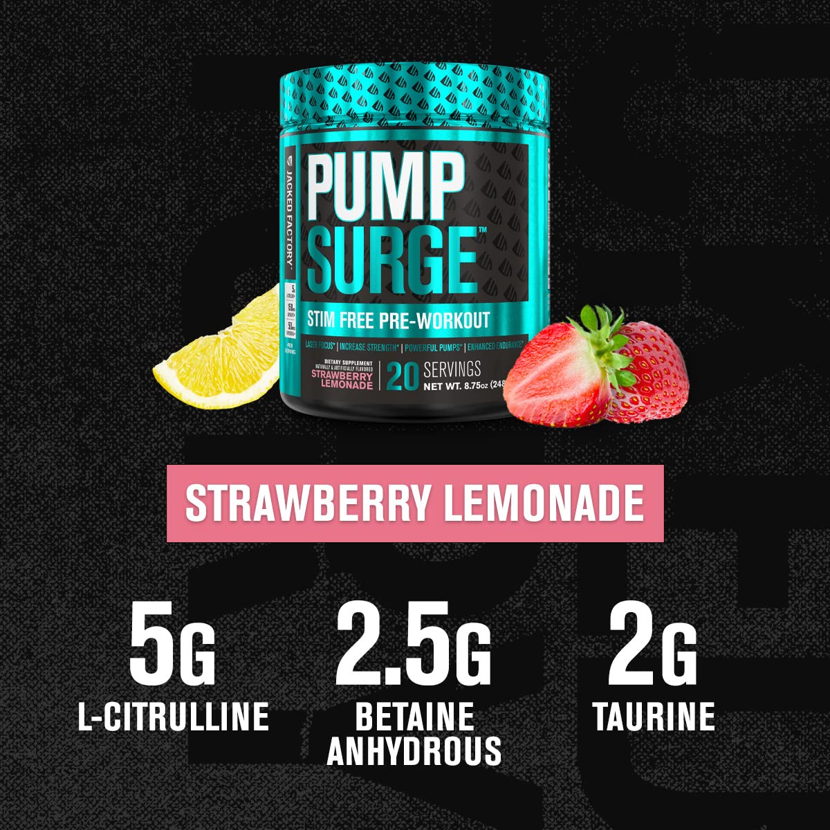 Pumpsurge Caffeine Free Preworkout for Men & Women - Stim Free Pre Workout Powder, Nitric Oxide Pump Pre Workout, & Nootropic Supplement - Intense Pumps, Laser Focus - 20 Servings, Strawberry Lemonade