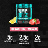 Pumpsurge Caffeine Free Preworkout for Men & Women - Stim Free Pre Workout Powder, Nitric Oxide Pump Pre Workout, & Nootropic Supplement - Intense Pumps, Laser Focus - 20 Servings, Strawberry Lemonade