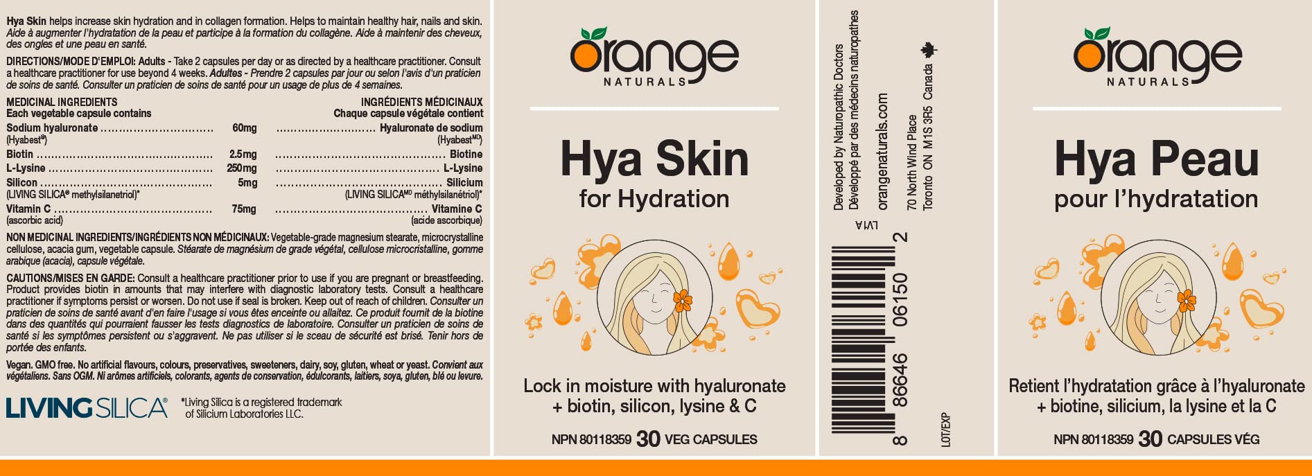 Orange Naturals Hya Skin for Hydration, 30 Veg Capsules, With Biotin, Hyaluronate & Silicon, Nourish Hair, Skin & Nails, Support Hydration & Collagen Formation, Free from Dairy, Gluten, GMO