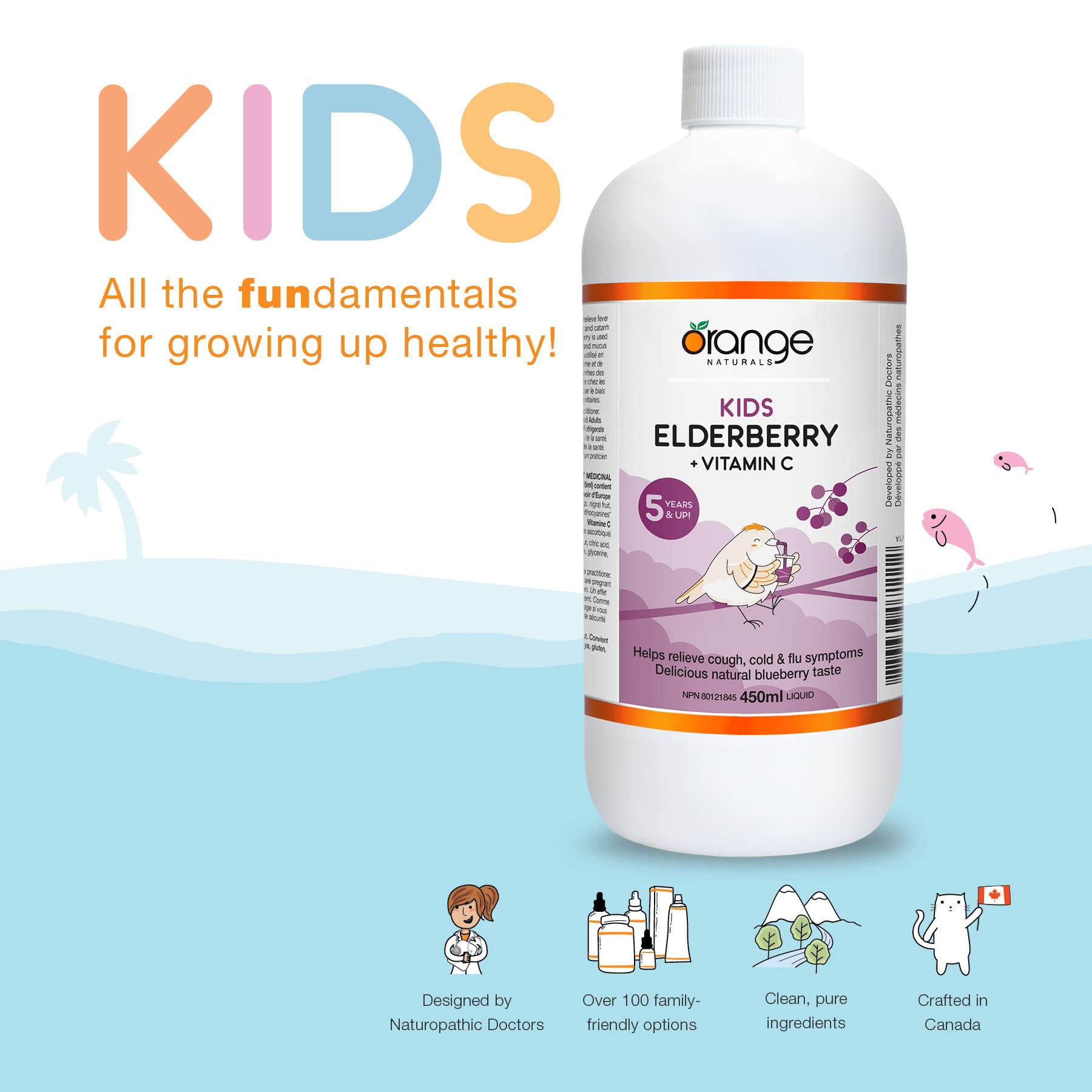 Orange Naturals Kids Elderberry + Vitamin C Syrup 450ml 90-Servings - Blueberry Taste, Organic Kids Vitamin, Support Antioxidant Defense, Comfort During Seasonal Changes, Aids During Cold & Flu Season