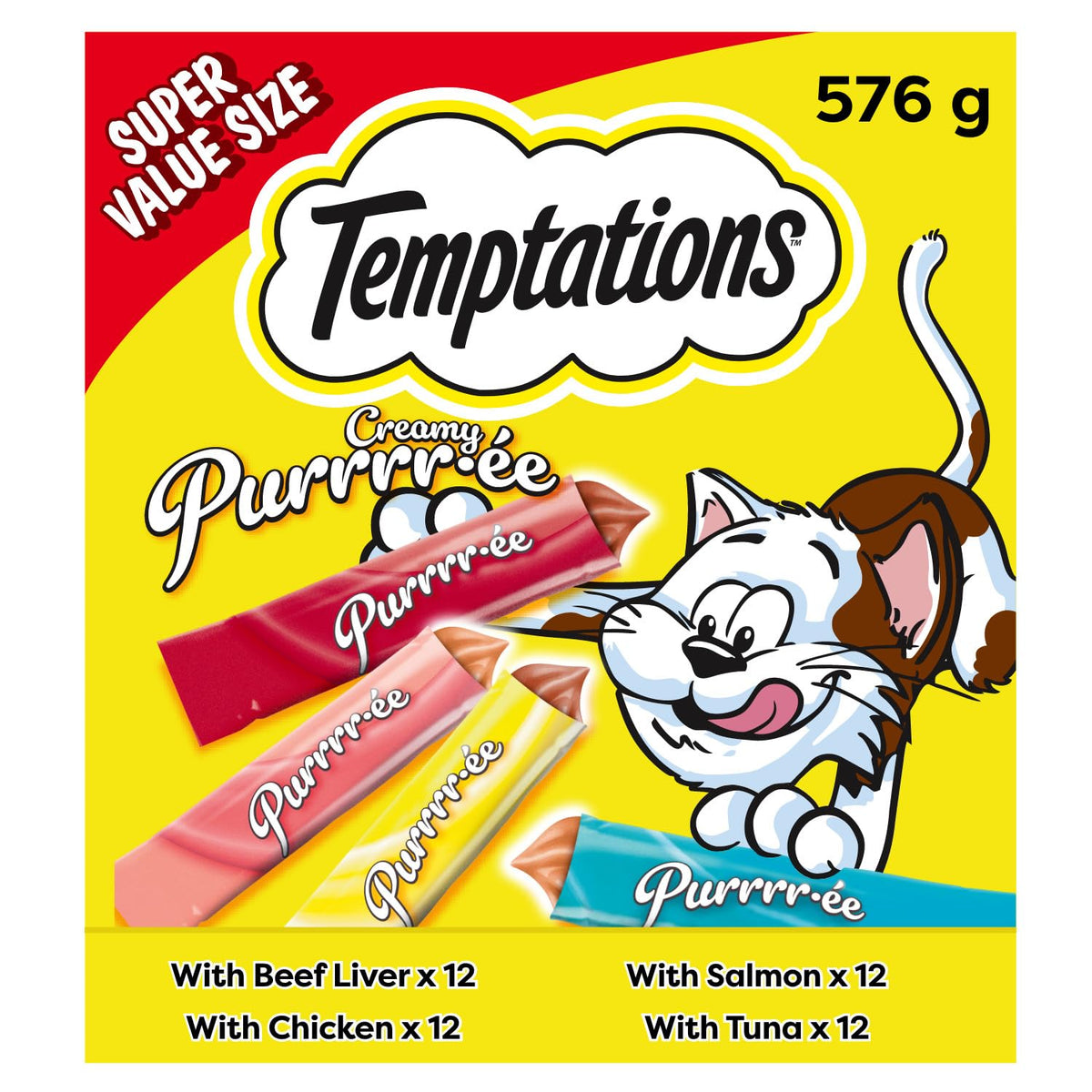 Temptations Creamy Puree Adult Lickable Cat Treats with Beef Liver, & Salmon, & Chicken & Tuna Variety Pack, 48 Pouches, 576g