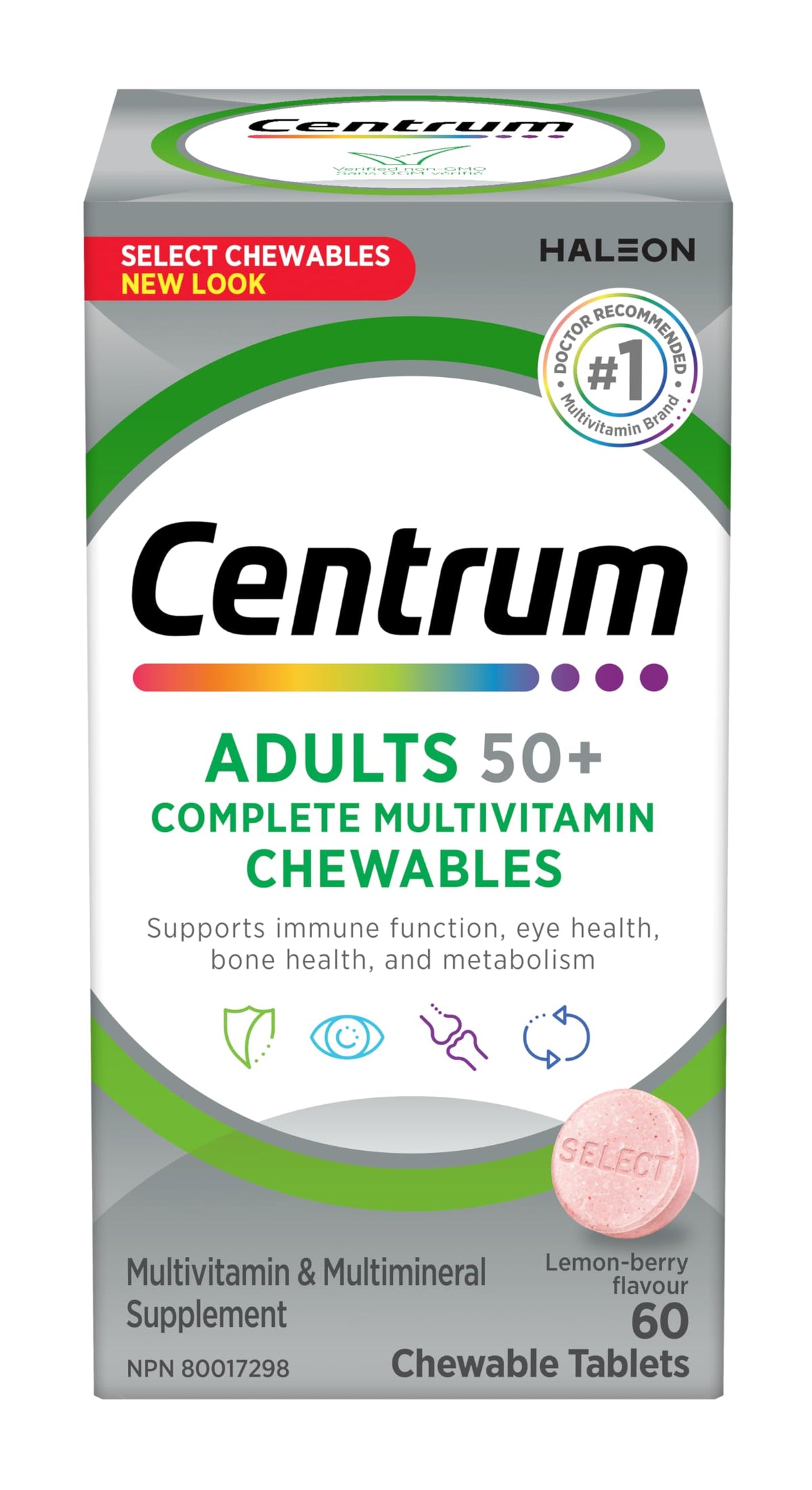 Centrum Adult Select Essentials Multivitamins for Men & Women 50 Plus, Chewables Multivitamins/Minerals Supplement, Lemon Berry Flavour, 60 Chewable Tablets (Packaging May Vary)