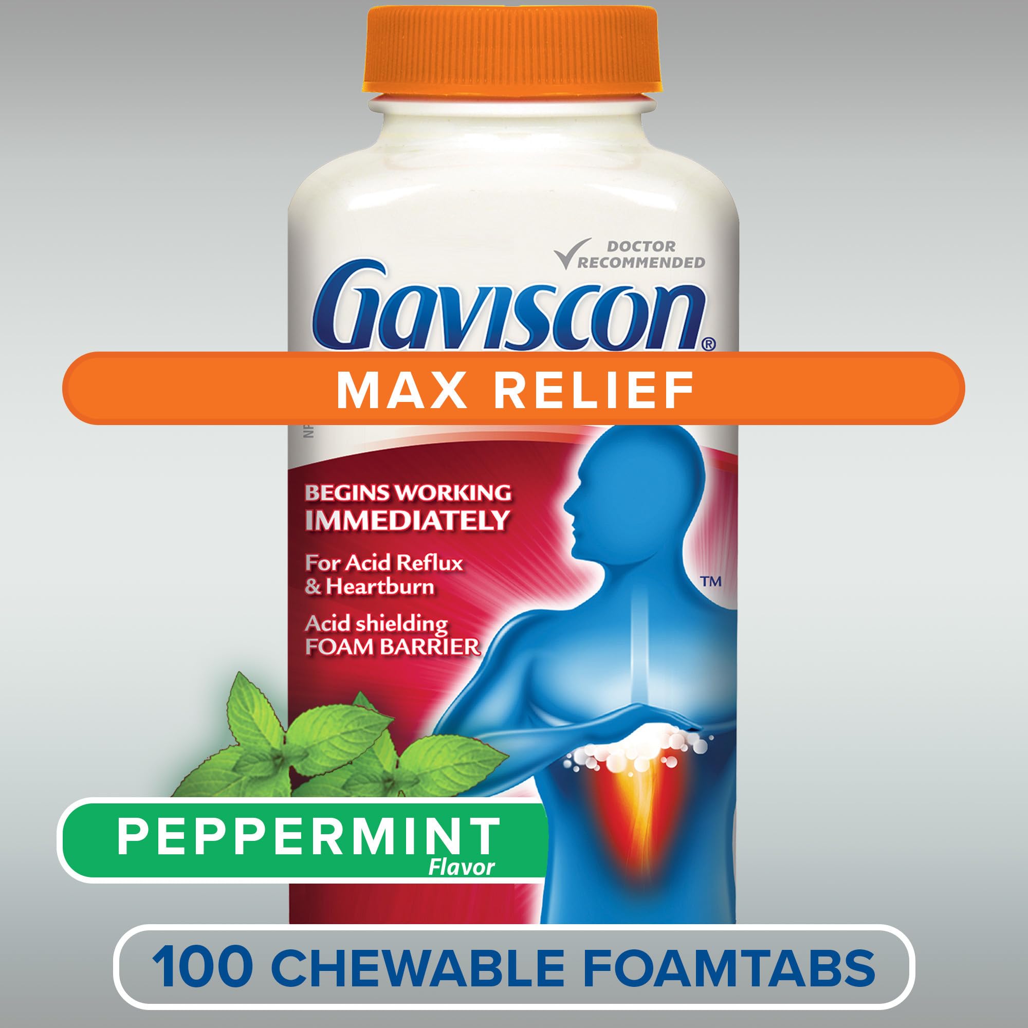 Gaviscon Max Relief Tablets - 100 Count - Chewable Foaming Antacid Tablets for Day and Night Heartburn Relief, Acid Reflux and GERD Relief, Cooling & Refreshing Peppermint - Free of Aluminum & Lactose
