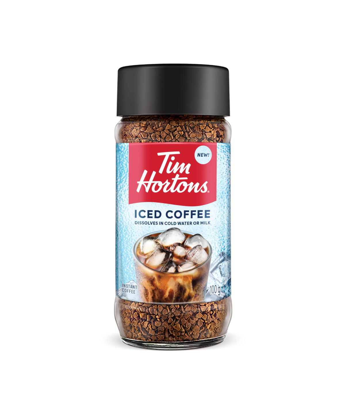 Tim Hortons Instant Iced Coffee, 100g Glass Jar, Dissolves in Cold Water or Milk