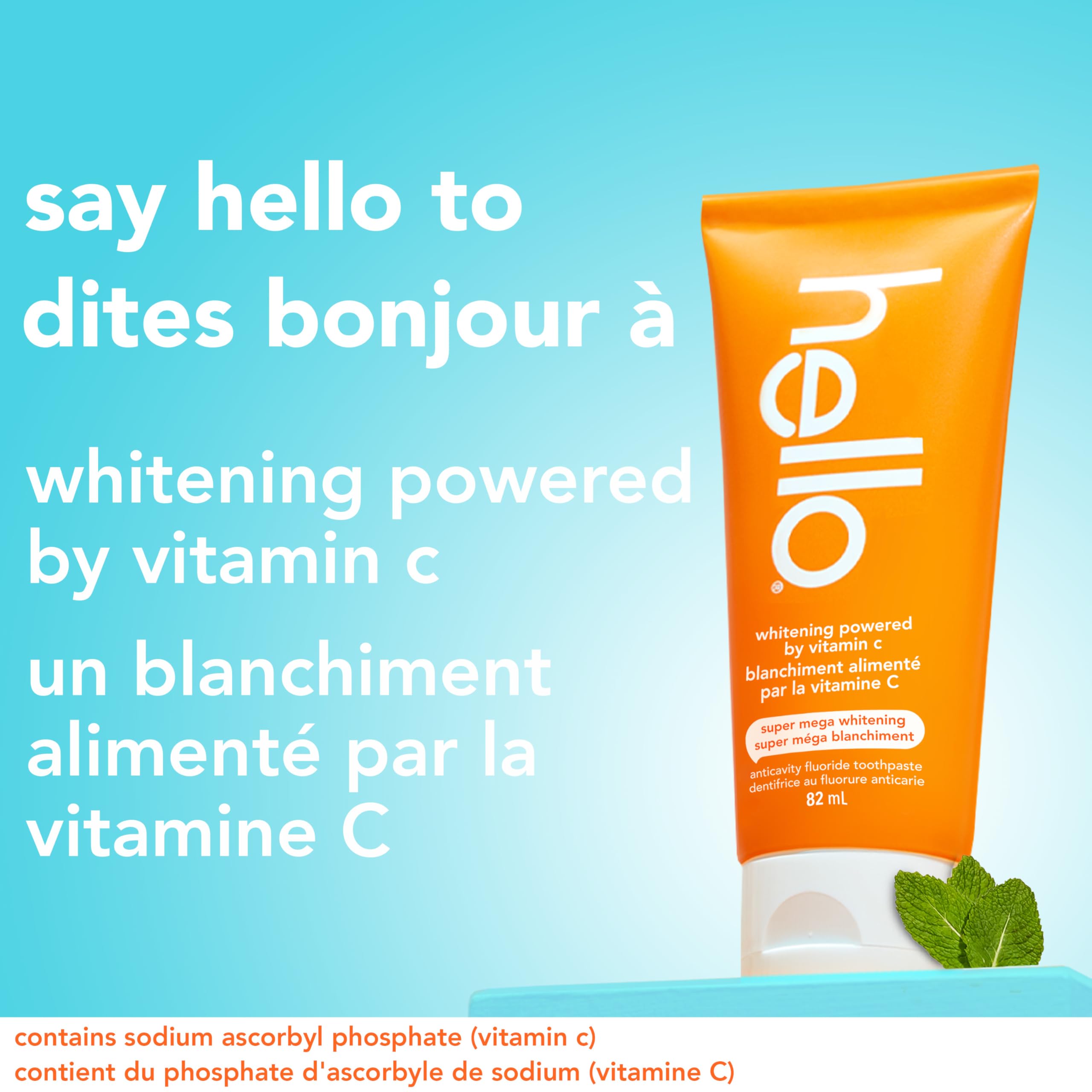Hello Whitening Toothpaste with Fluoride Powered by Vitamin C, Teeth Whitening Toothpaste for Adults, Helps Freshen Breath and Removes Surface Stains, SLS Free, Natural Peppermint Flavor, 82mL Tube