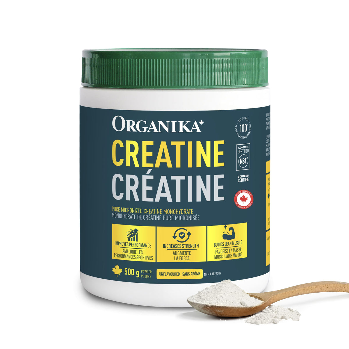 Organika Canadian-Made Creatine Powder - Pure Micronized Creatine Monohydrate - NSF Certified - Supports Strength, Muscle, Recovery and Performance for Men and Women - Unflavoured - 500g, 100 servings